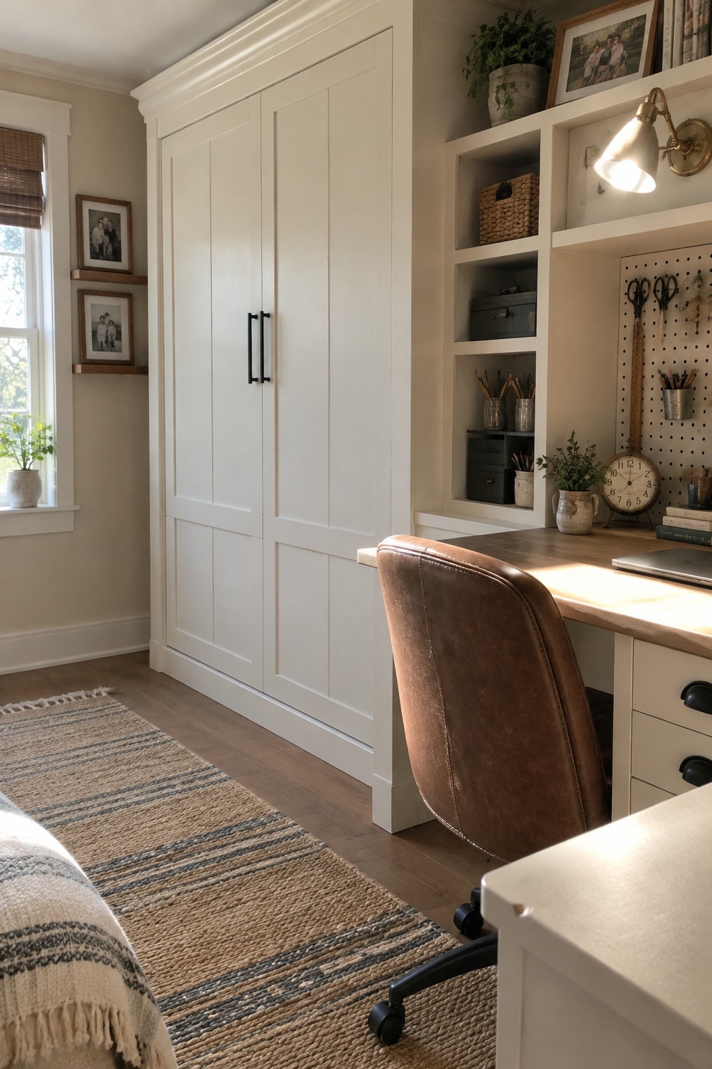White built-in cabinets and desk with brown leather chair in home office nook