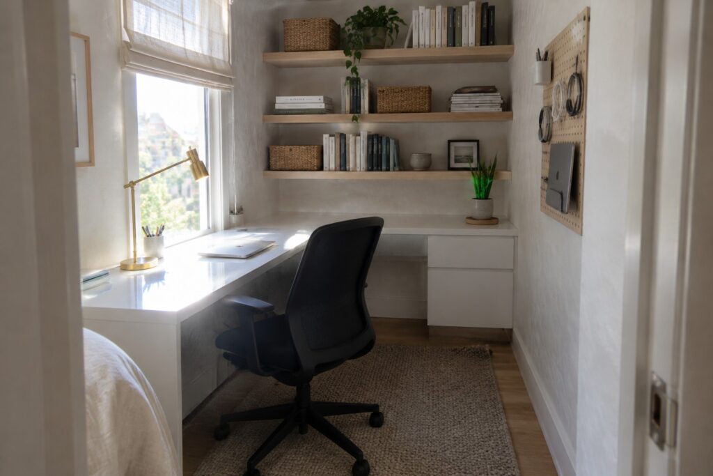 A compact home office with a white L-shaped desk in a corner under a window, a black mesh office chair on a woven rug, floating wooden shelves with books and baskets, and a pegboard mounted on the right wall.