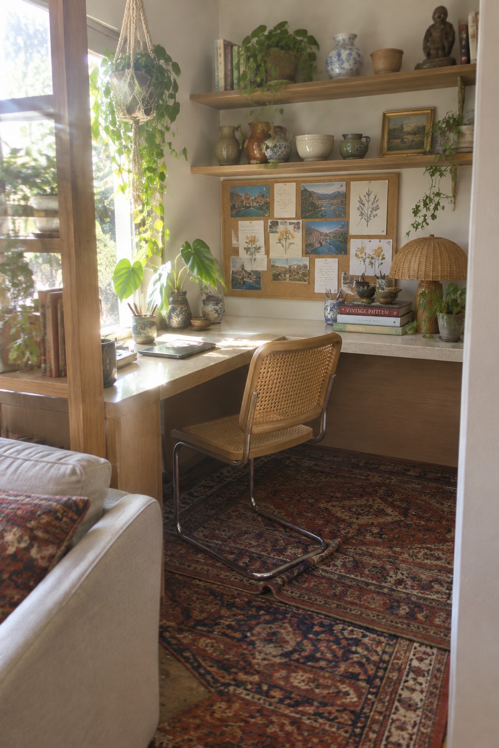 A compact wooden L-shaped desk sits in a room corner under a window, paired with a rattan chair, wall-mounted shelves holding books and plants, and a corkboard above the desk surface.