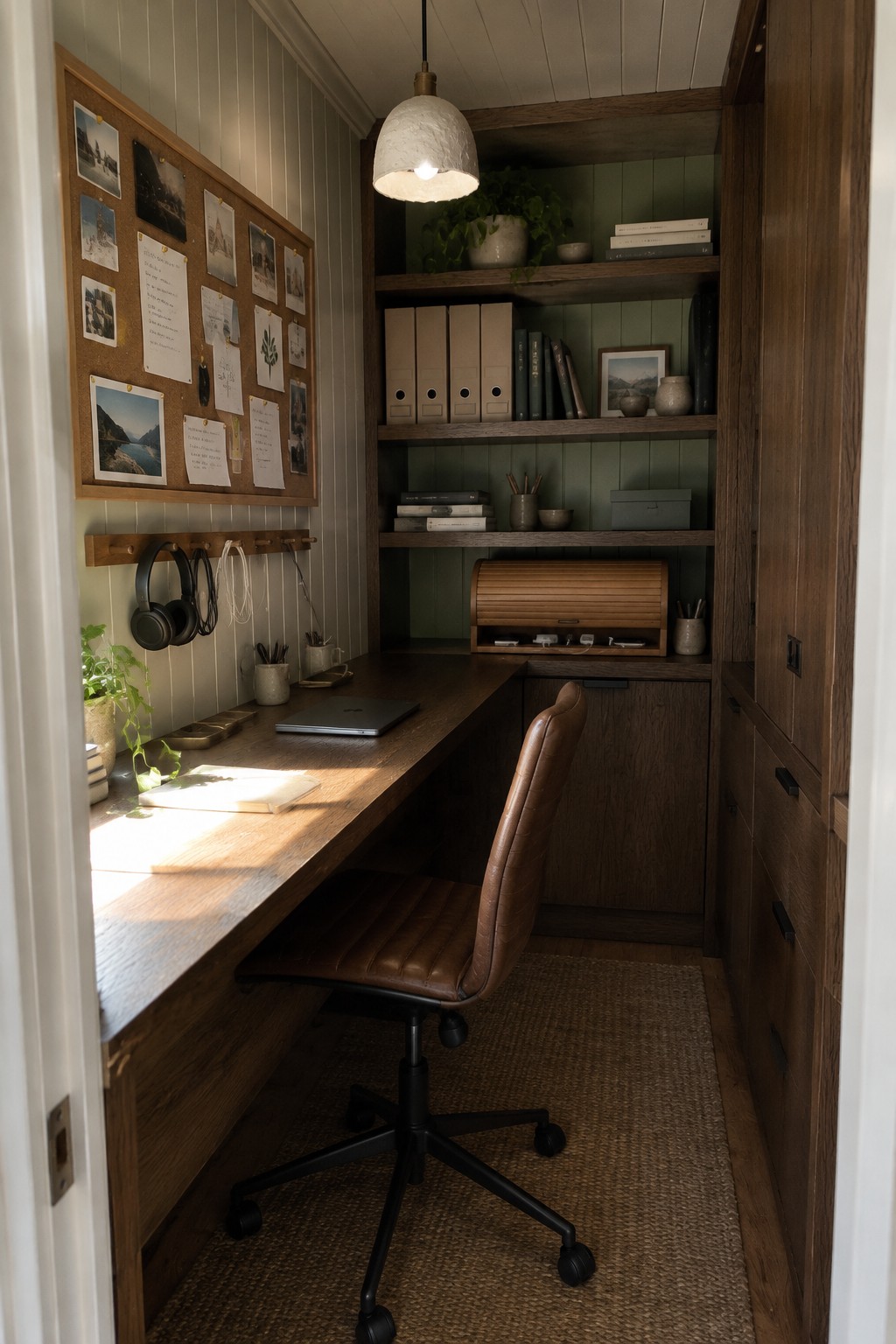 A narrow home office featuring a wooden L-shaped desk against green paneled walls, with overhead shelves holding books and binders, a brown leather office chair, and a corkboard on the left wall.