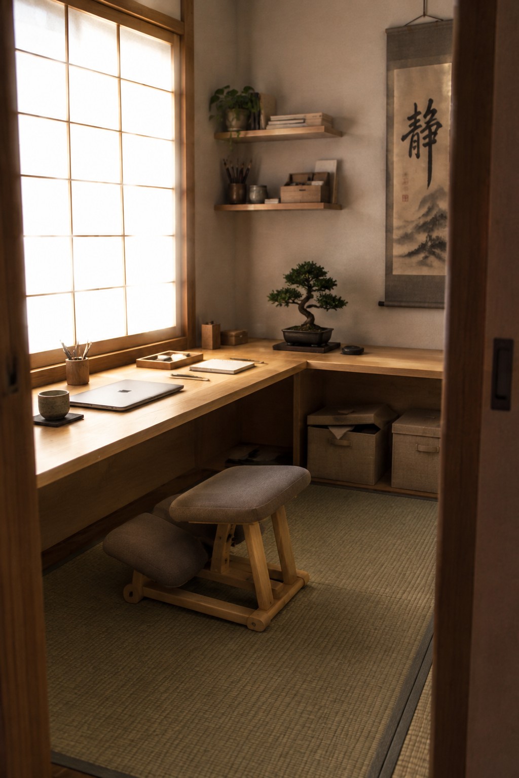 A small home office with an L-shaped wooden desk in the corner under a shoji screen window, a low stool on tatami mats, and a bonsai tree on the desk.