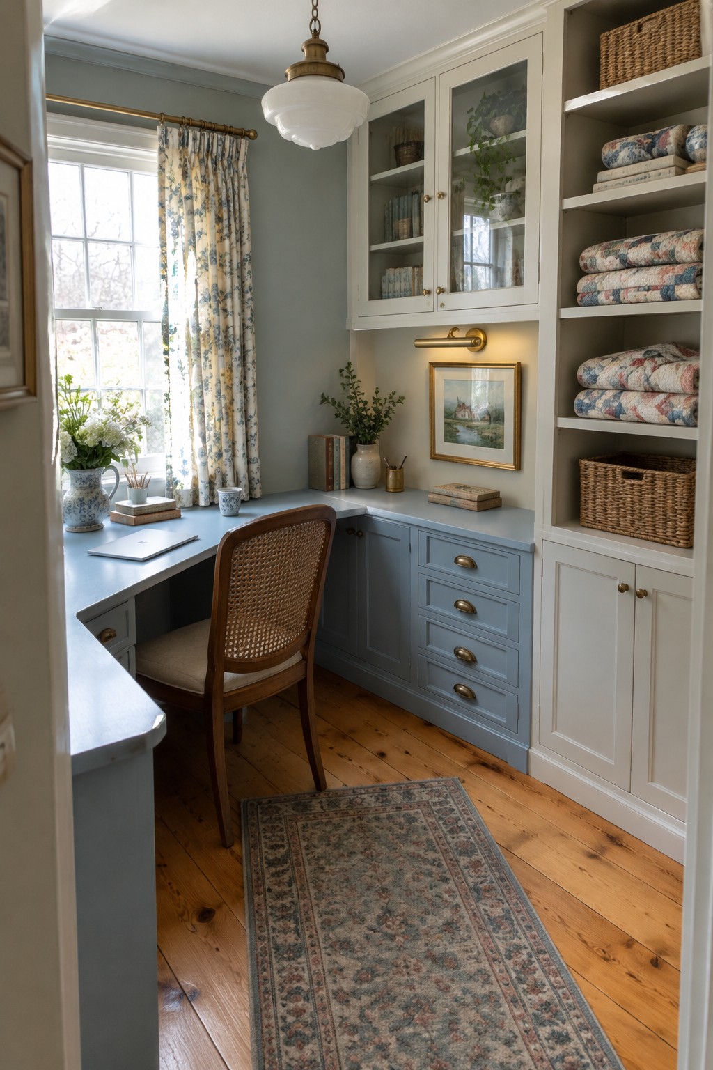 A small home office with an L-shaped blue desk fitted into the corner, a wooden chair, and built-in white cabinets and shelves along the walls.