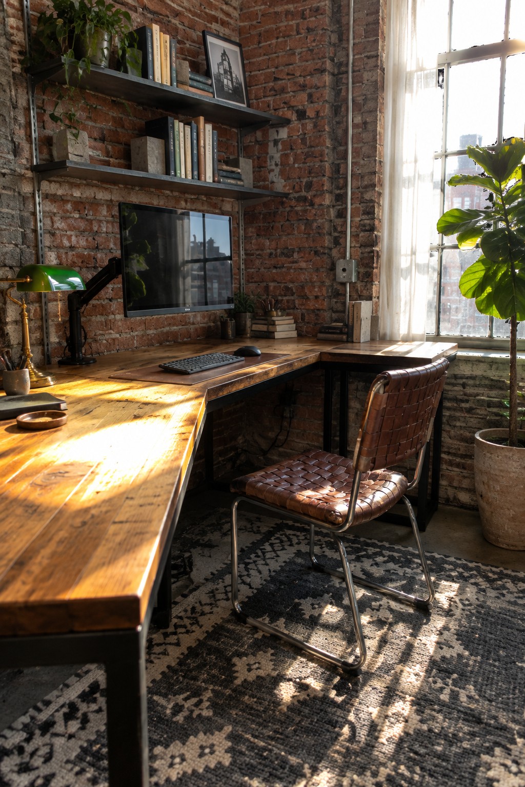 A corner home office featuring an L-shaped wooden desk against a brick wall, with a computer monitor, keyboard, desk lamp, and brown woven leather chair on a patterned rug.