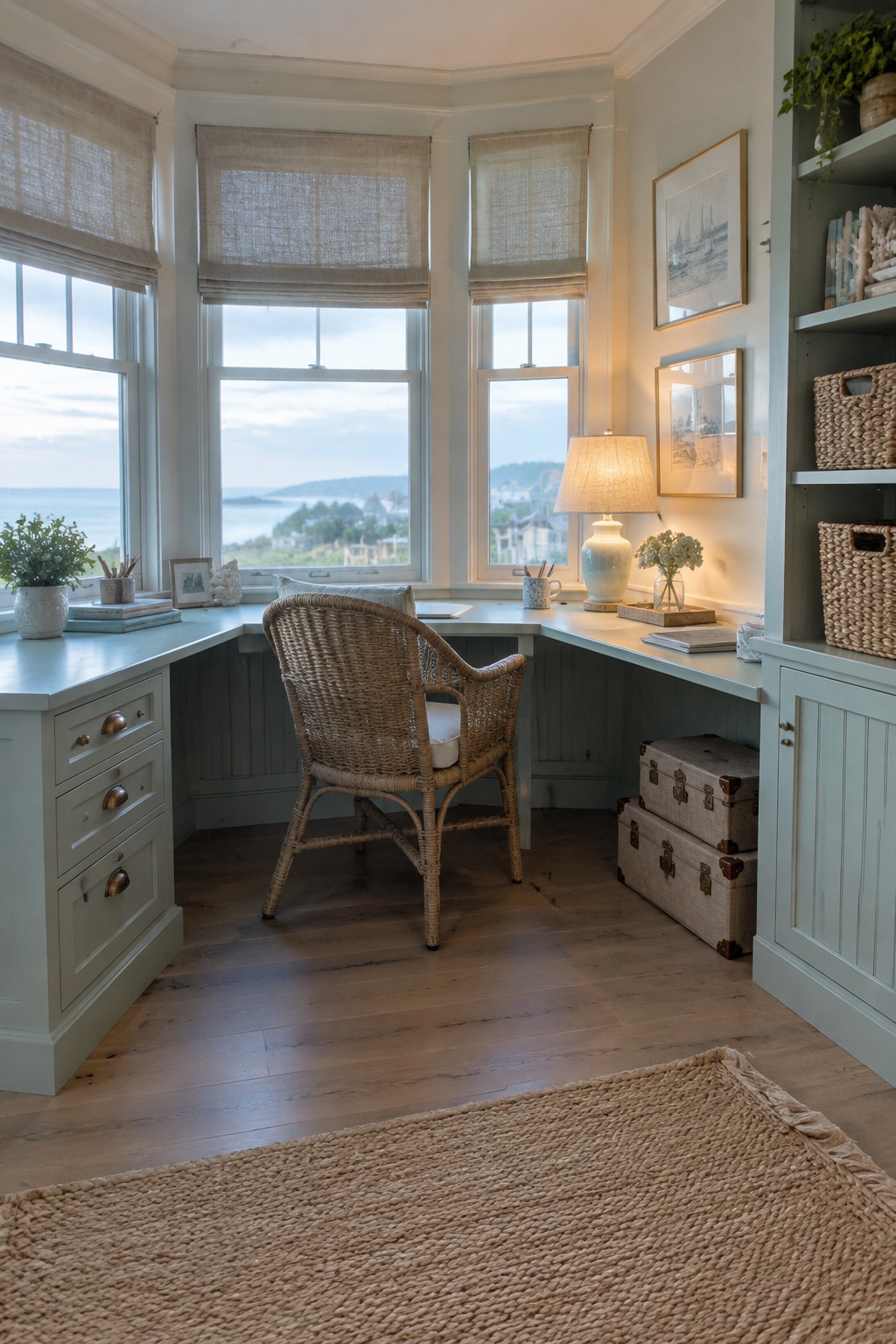 A home office with an L-shaped desk set into a bay window, a woven chair facing the windows, light blue cabinetry, and built-in shelving on the right.
