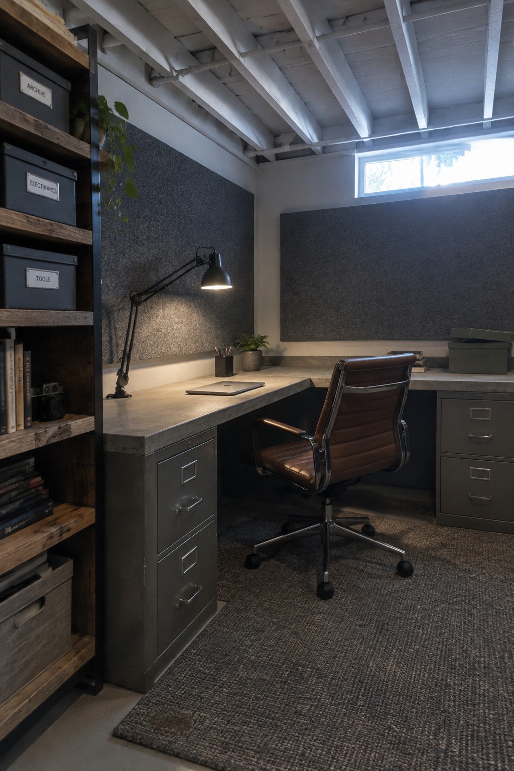 A small home office featuring an L-shaped concrete desk along two walls, a brown leather office chair, gray filing cabinets, and wooden shelves with storage boxes on the left.