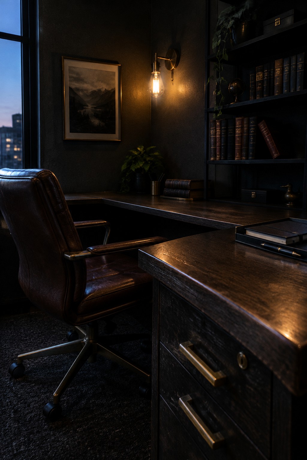 A dark wooden L-shaped desk in a corner home office with a brown leather office chair and built-in bookshelves on the adjacent wall.