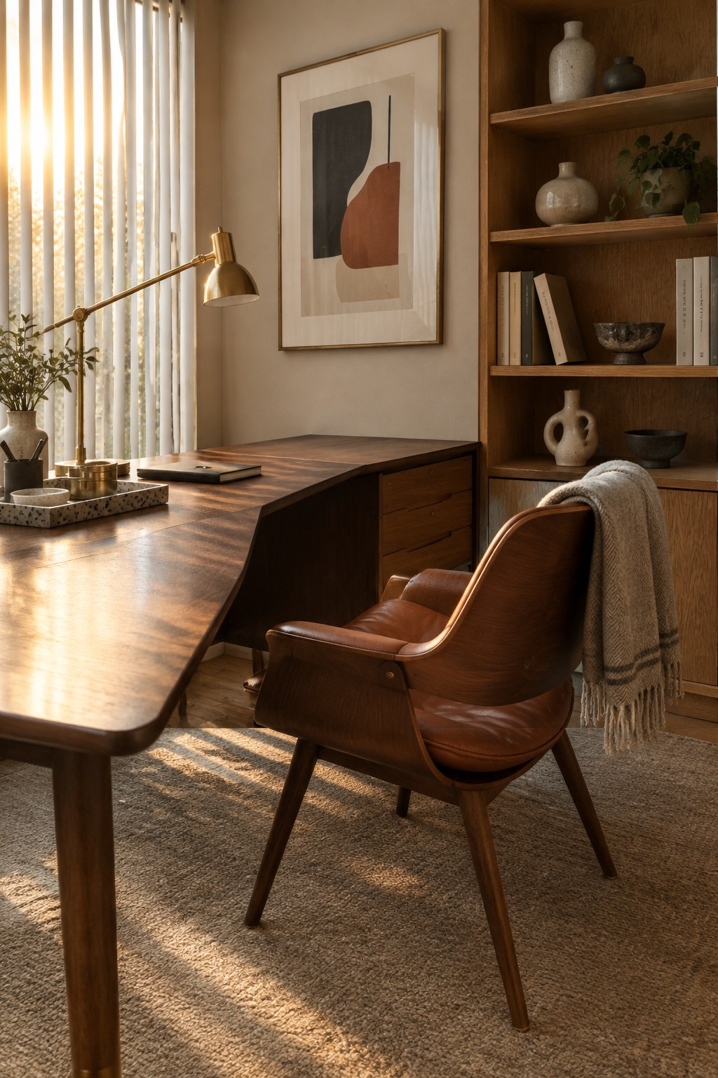 A wooden L-shaped desk with a brown leather chair sits in a home office corner beside built-in wooden shelves and a window with white blinds.