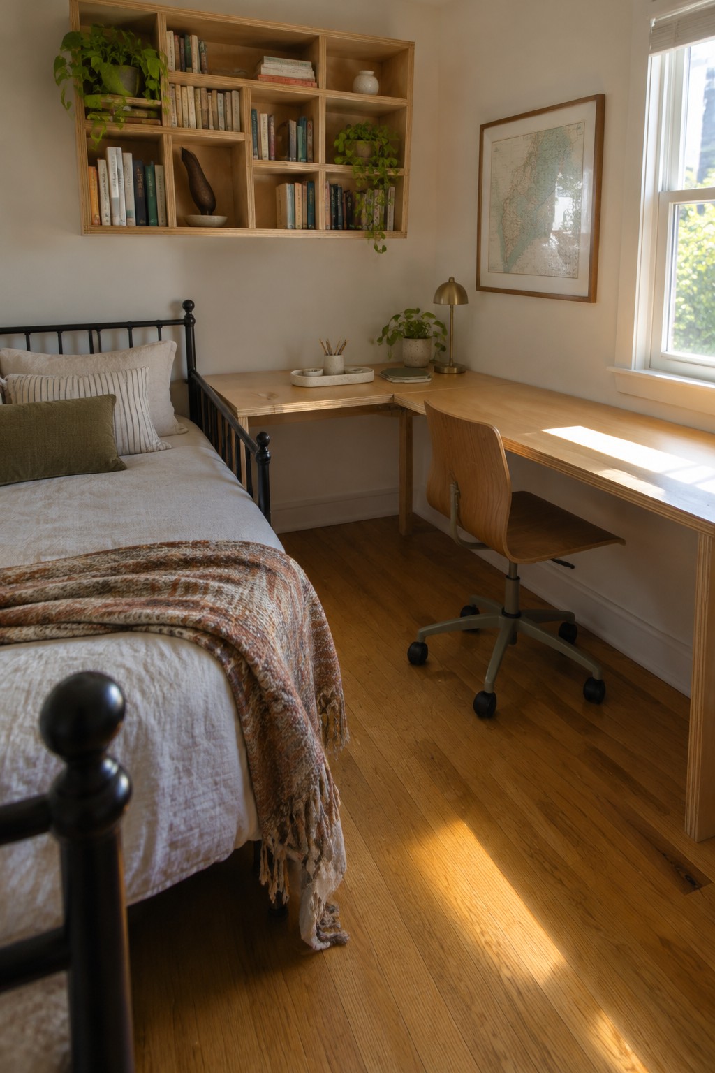 A small bedroom with a black metal bed on the left and an L-shaped light wood desk with a wooden rolling chair on the right, positioned under a window.