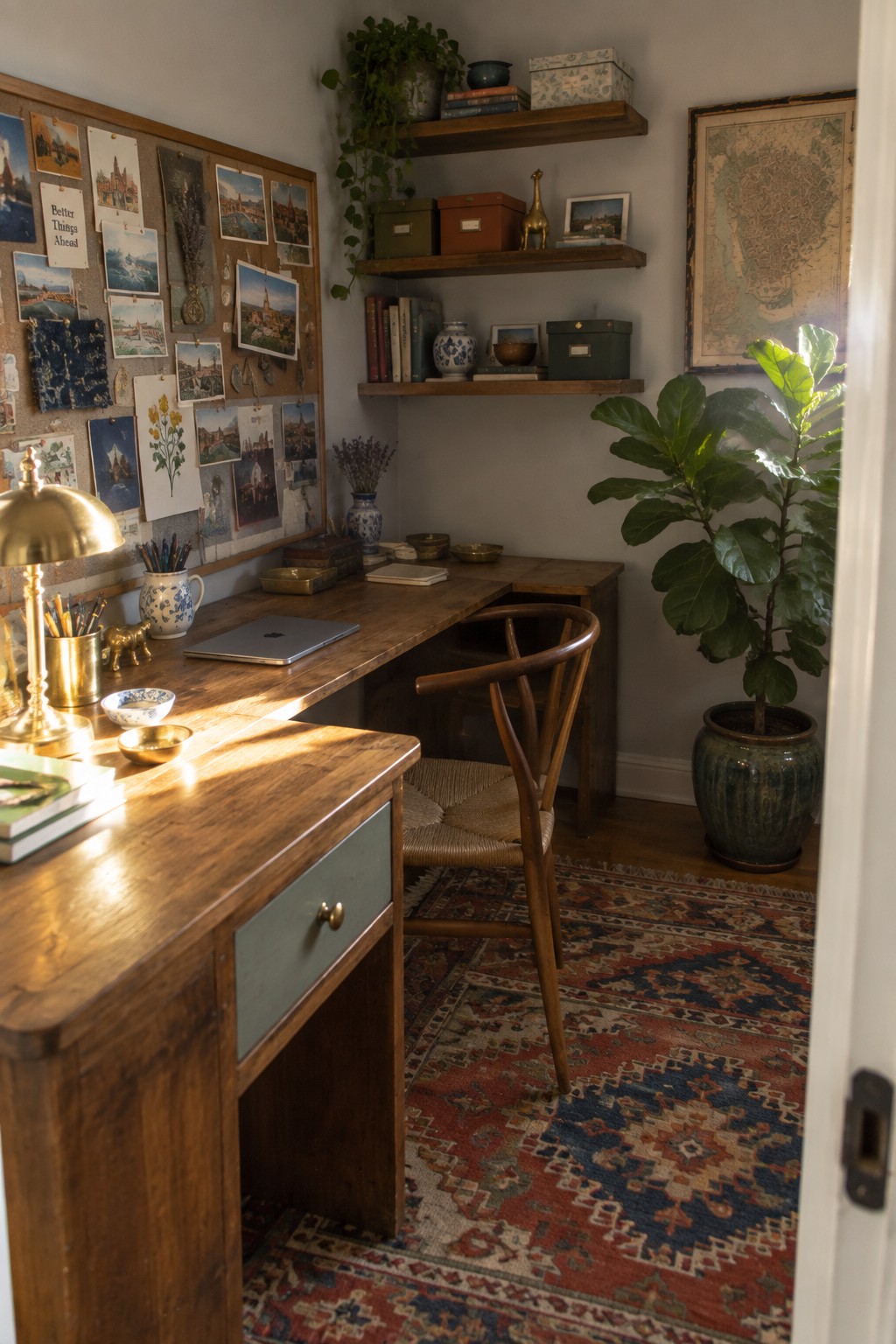 A small home office corner with an L-shaped wooden desk, a wooden chair with a woven seat, wall shelves above the desk, a corkboard covered in photos and papers, and a large potted plant on the floor.
