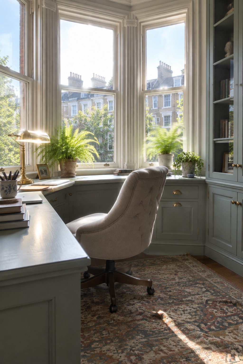 A small home office with an L-shaped desk under bay windows, a tufted swivel chair on a patterned rug, potted ferns, books, and a brass desk lamp.