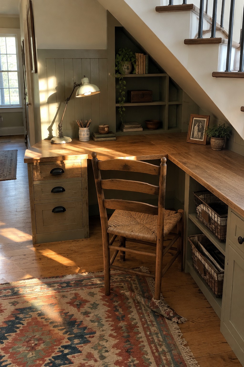 A wooden L-shaped desk with three drawers sits under a staircase, paired with a wooden chair on a patterned rug and built-in shelves holding books and baskets.