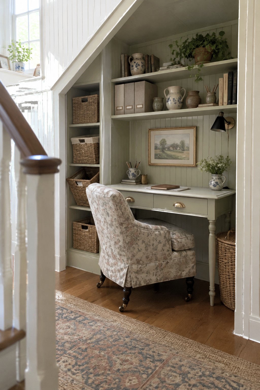 A small home office under a staircase with a desk, floral armchair, and multiple built-in shelves holding books, vases, and woven baskets.
