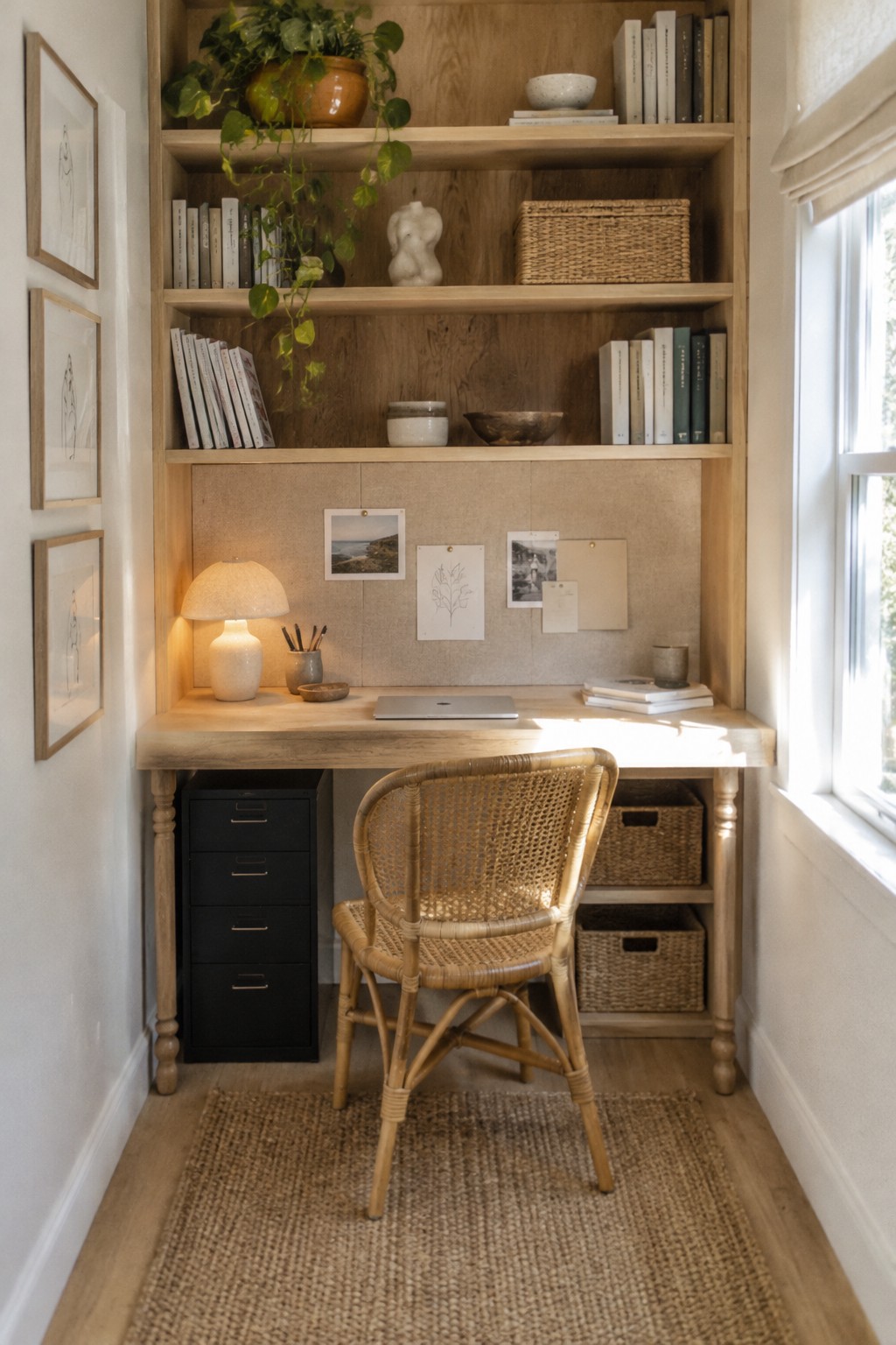 Built-in light wood desk with rattan chair, laptop, lamp, and filled shelves