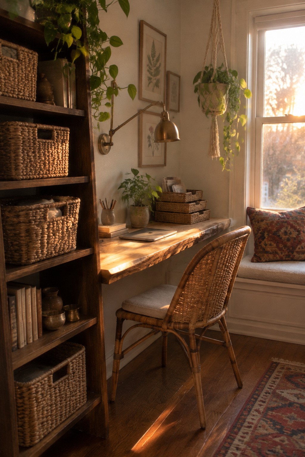 Cozy wooden desk with wicker chair, laptop, plants, and sunlit window nook