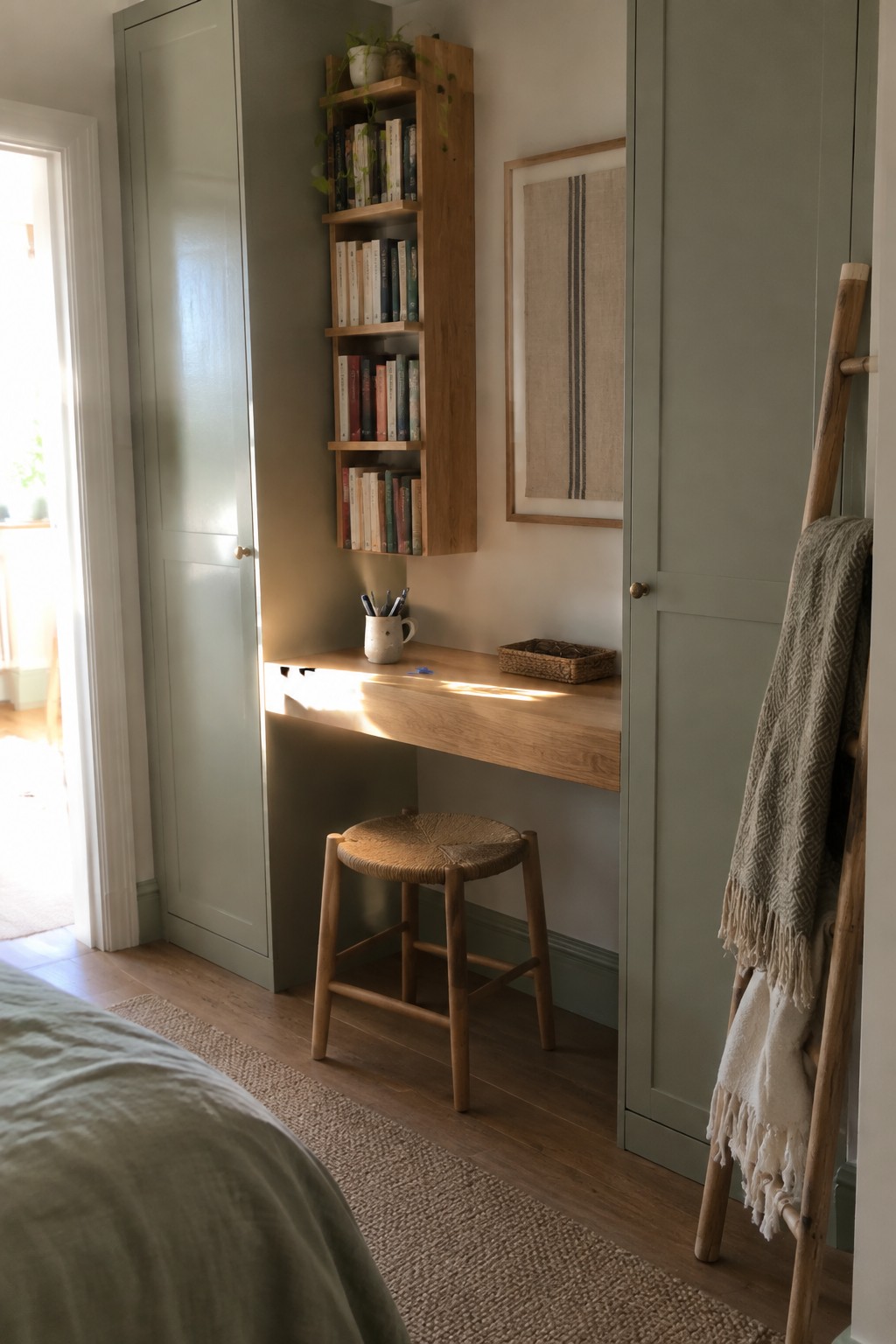 Built-in oak desk with woven stool between sage cabinets, bookshelves, and blanket ladder