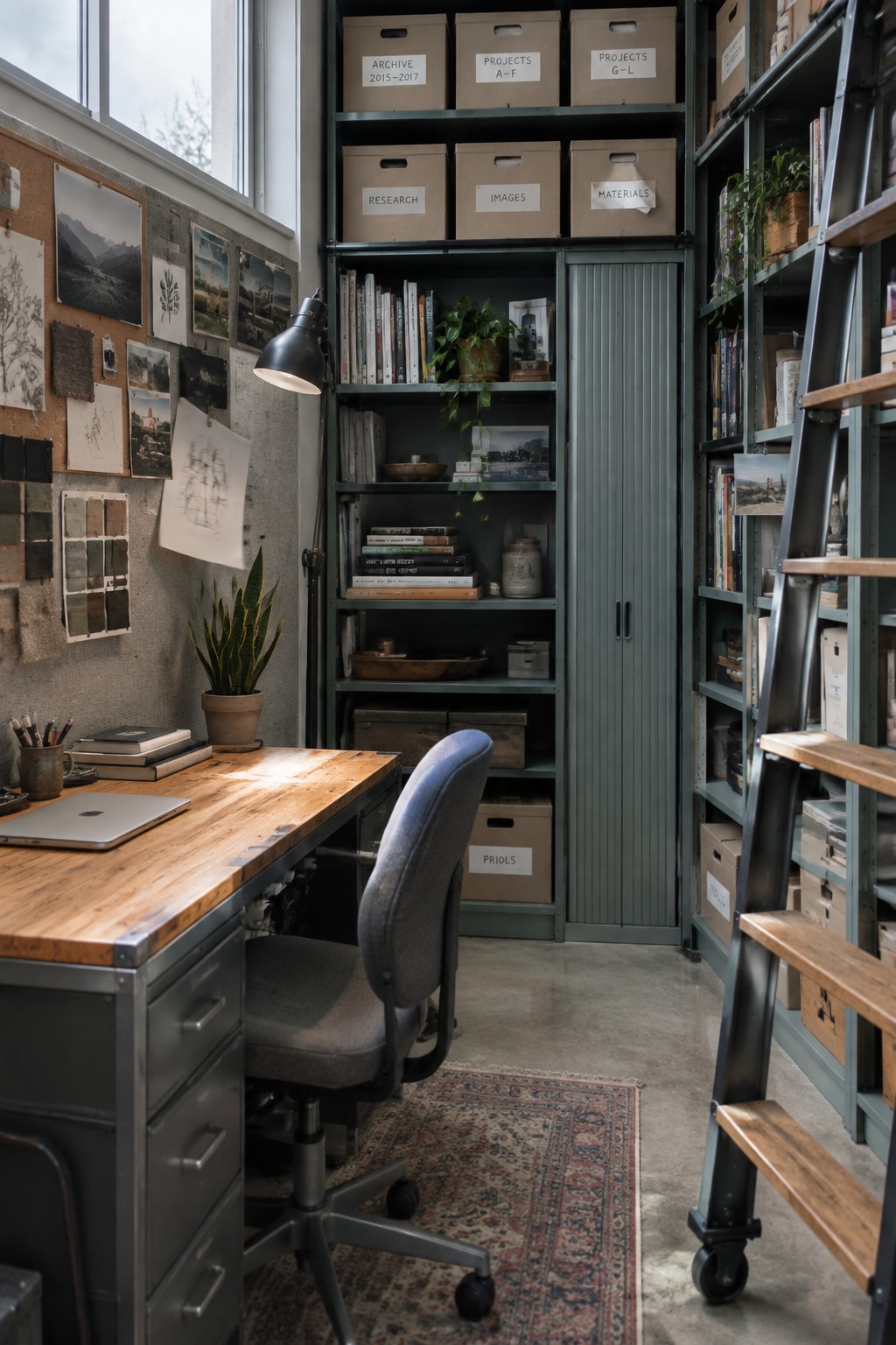 Rustic wooden desk and gray chair beside tall shelves with storage boxes and ladder.
