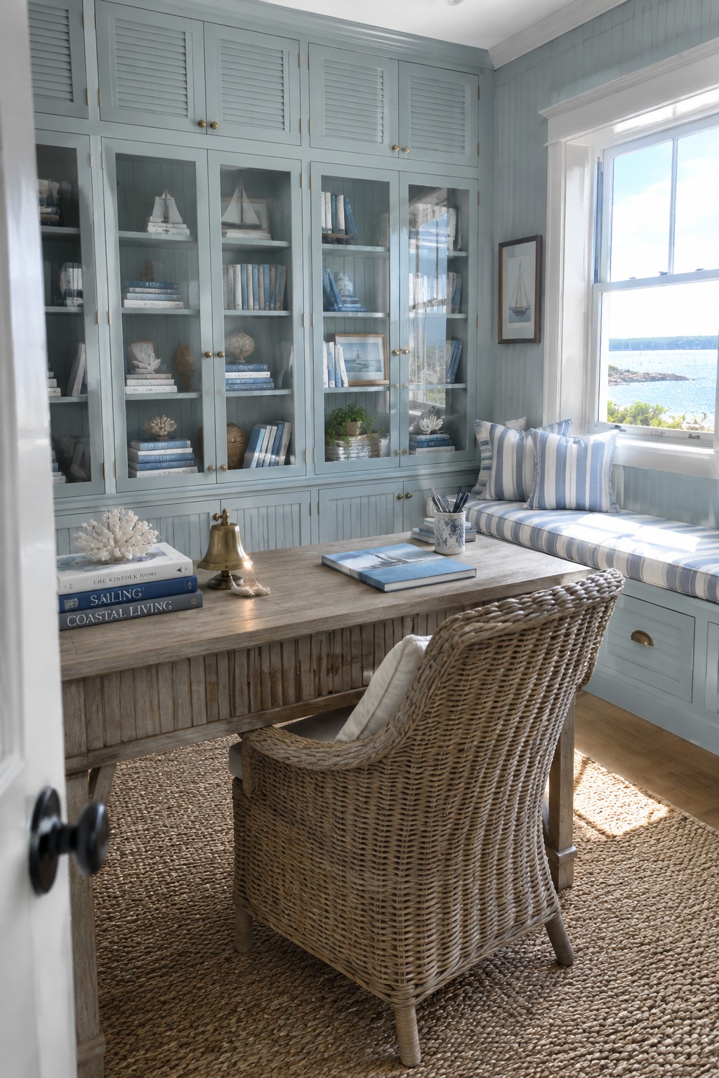 A small home office featuring a wooden desk, woven chair, and light blue floor-to-ceiling built-in cabinets with books and decorative objects, positioned beside a window with a blue-and-white striped window seat.