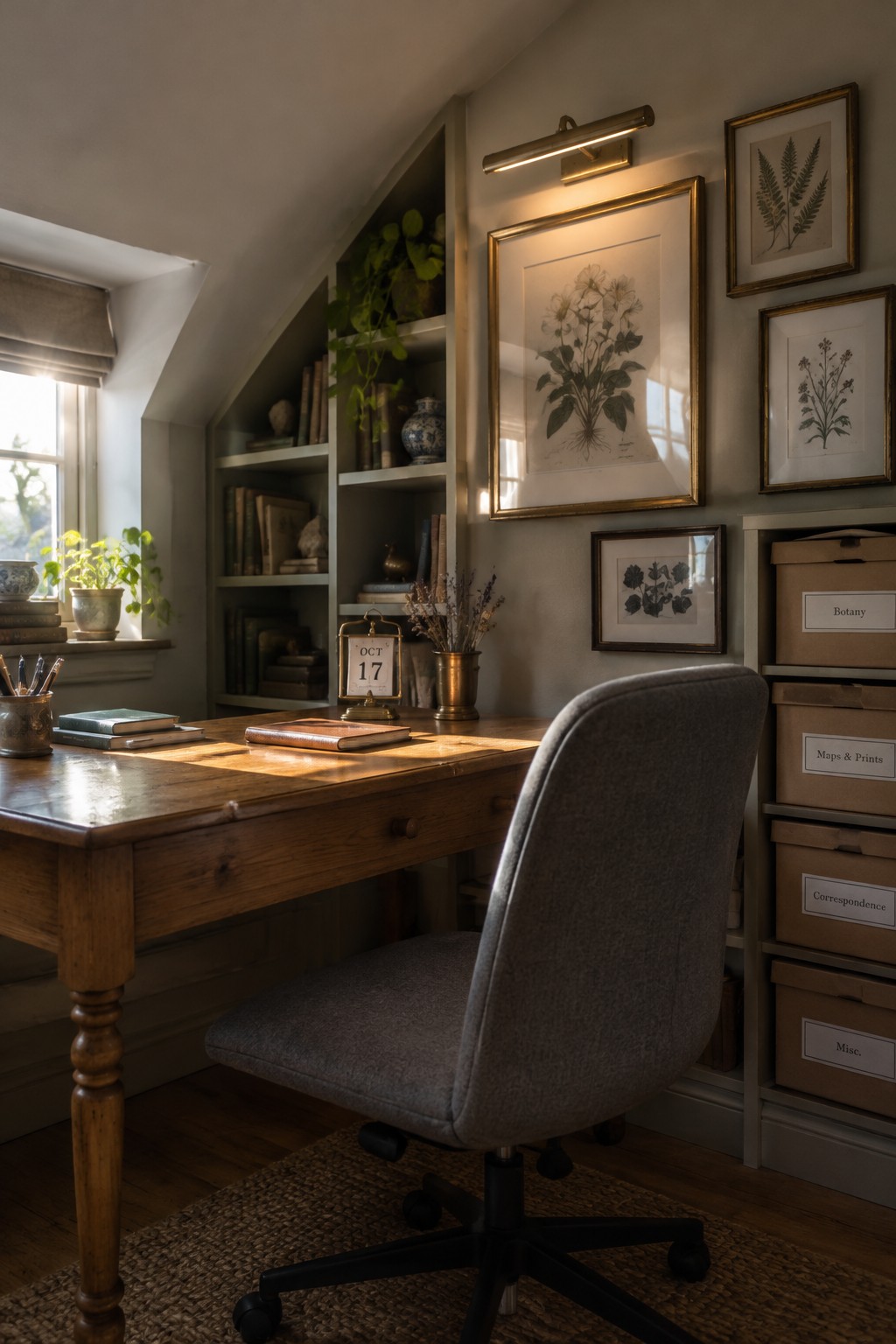 A small home office features a wooden desk with a gray upholstered chair, built-in white shelves filled with books and plants, and framed botanical prints on the wall beside stacked labeled storage boxes.