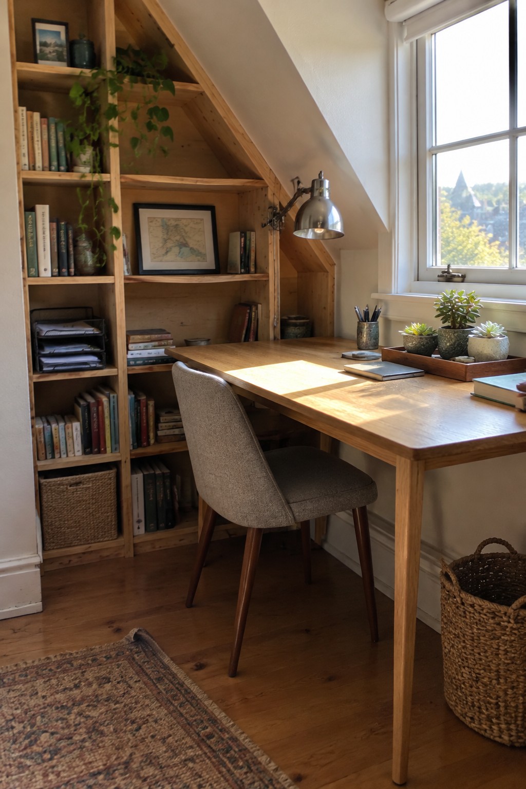 Cozy wooden desk and gray chair in sunlit attic nook with bookshelves and plants