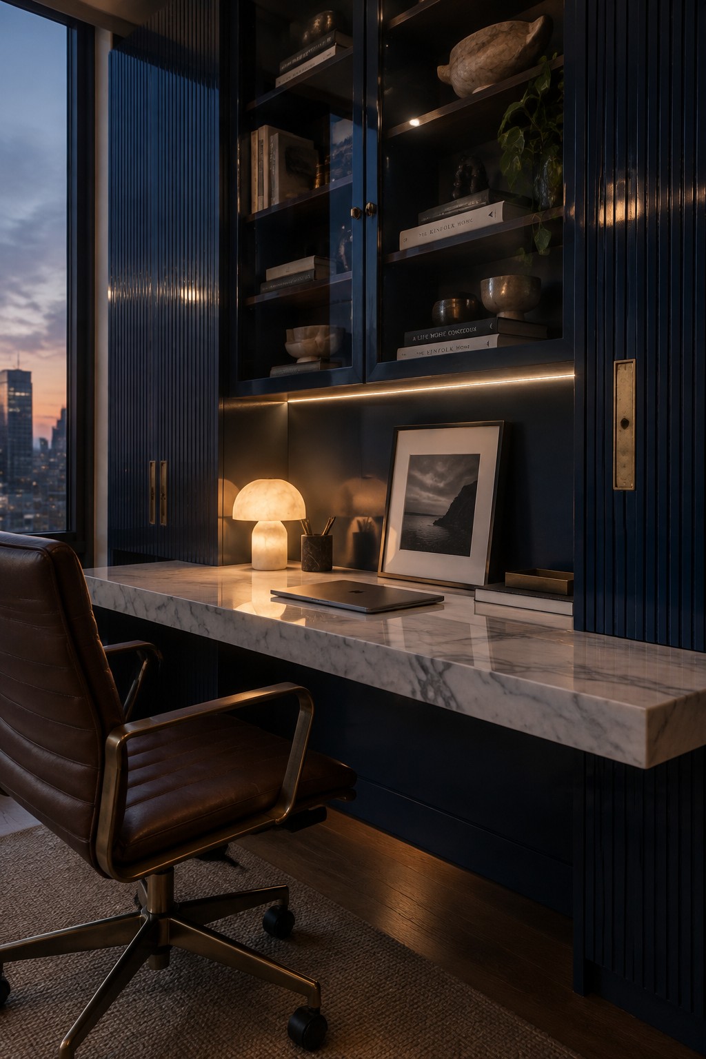 A modern home office features a white marble desk against dark blue built-in cabinets and shelves, a brown leather office chair, and a large window overlooking a city skyline at dusk.