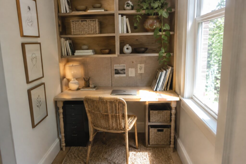 Built-in light wood desk with rattan chair, laptop, lamp, and filled shelves