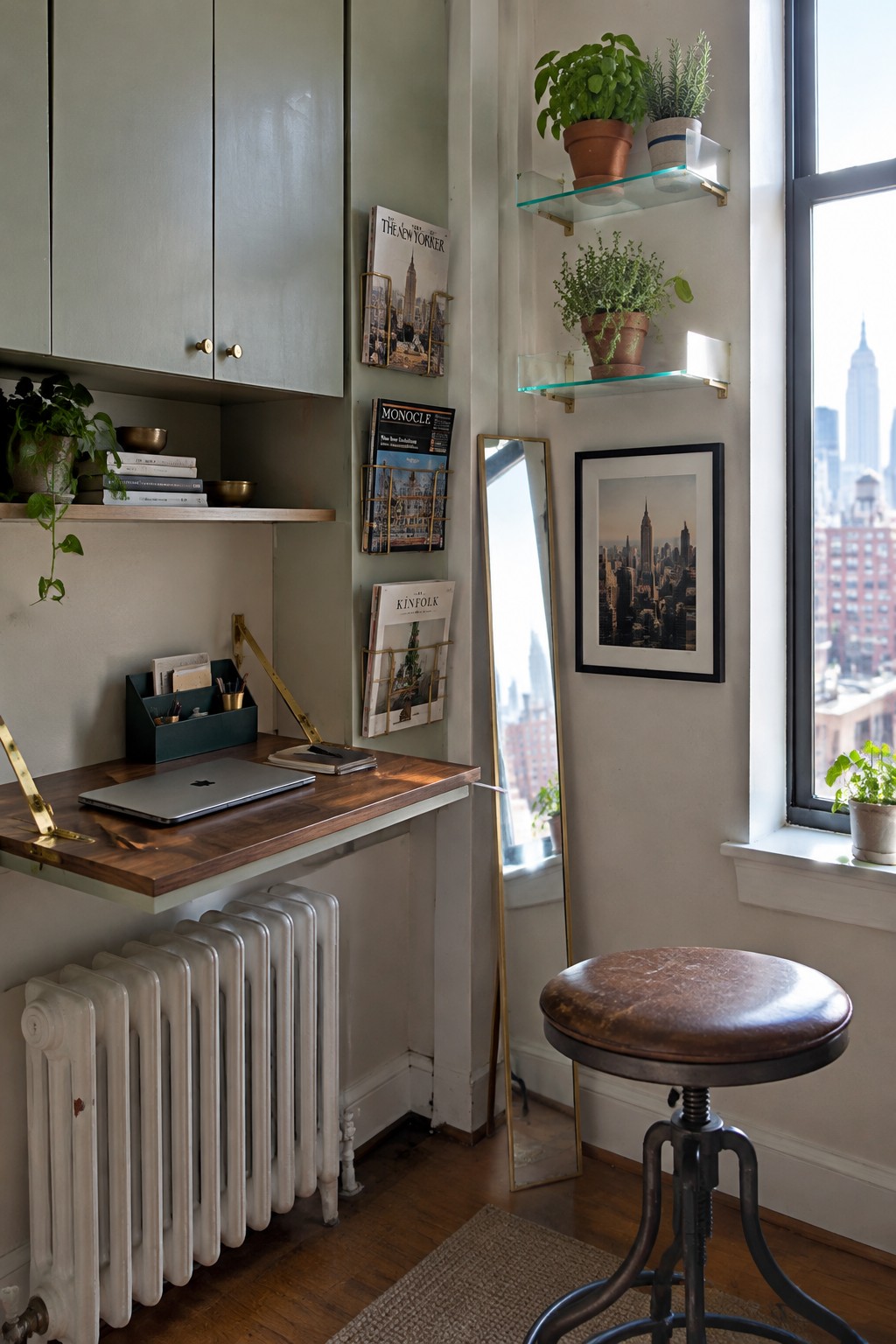 A compact home office nook with a wall-mounted wooden desk above a white radiator, brass wall racks holding magazines, floating glass shelves with potted plants, a tall mirror, and a brown stool by the window.
