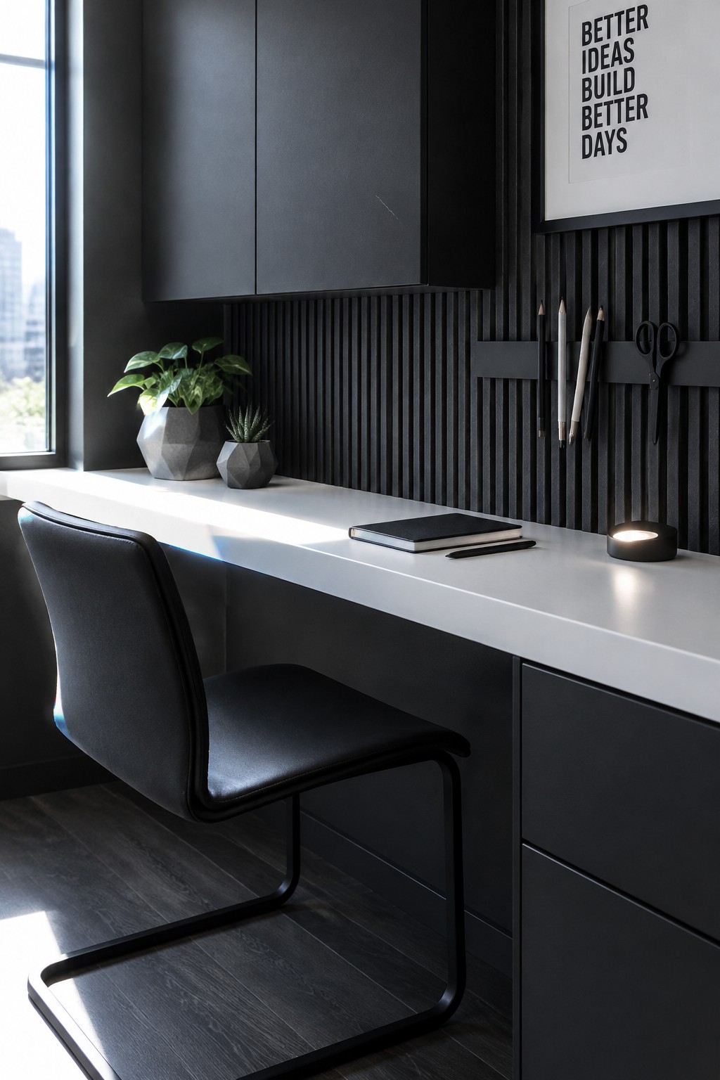 Modern black desk with white top, cantilever chair, plants, notebook, and wall art