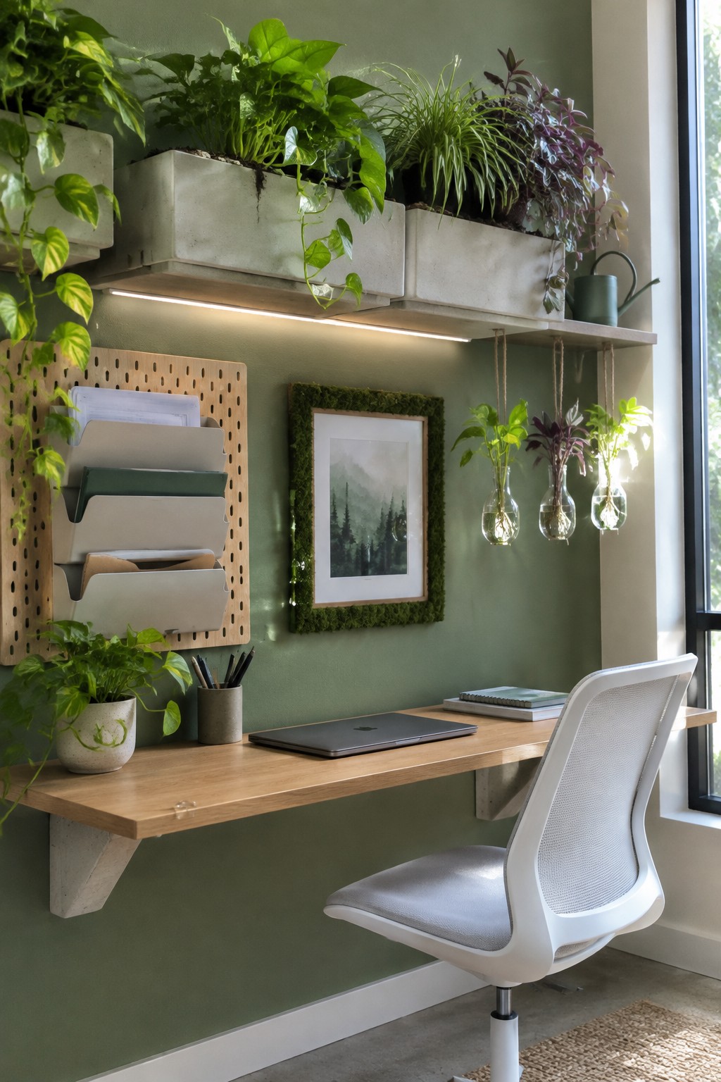 A home office with a floating wood desk, white chair, and green wall holding concrete planters and hanging glass plant containers.