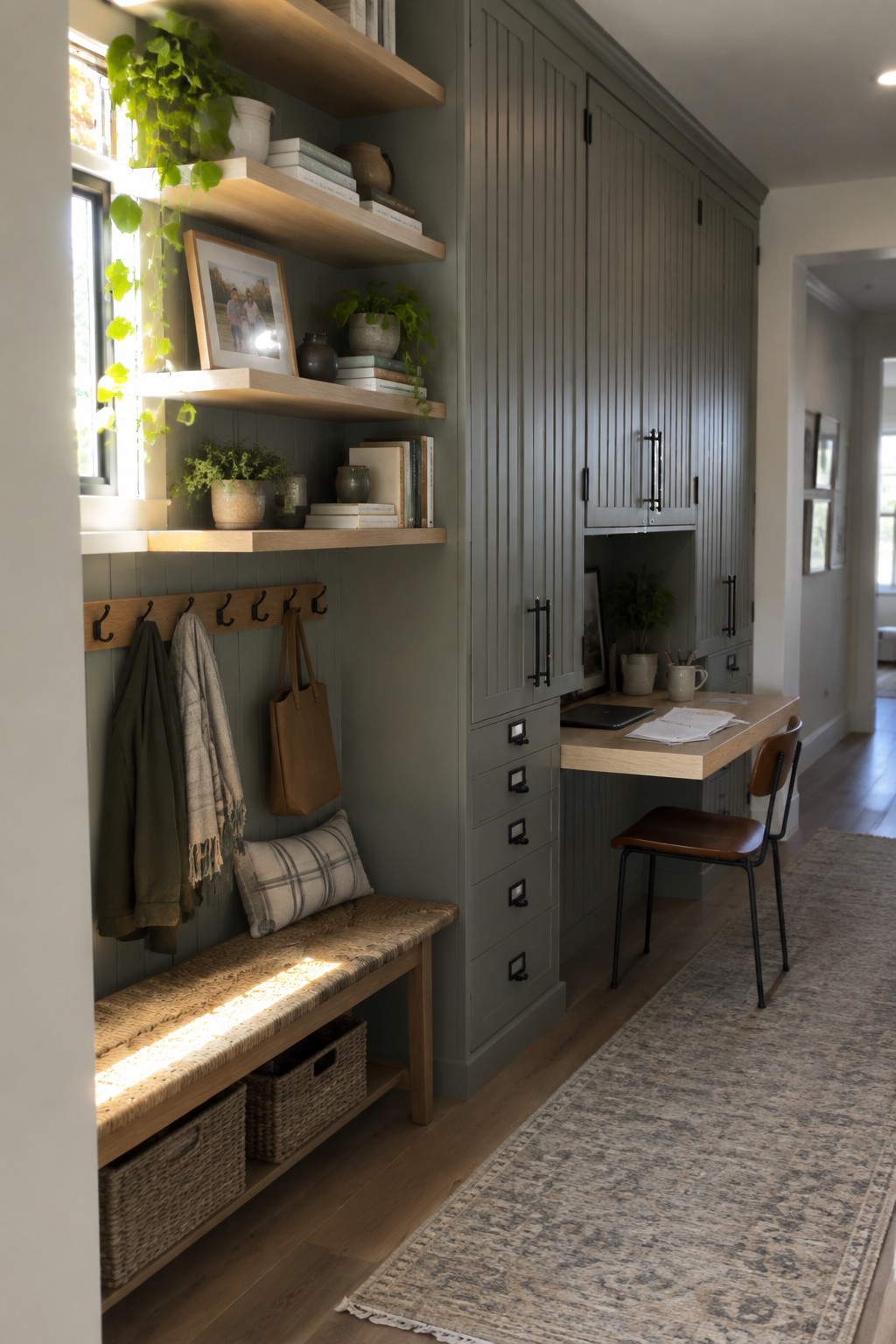 Built-in sage cabinets, wooden bench with hooks, shelves, and pull-out desk in entryway