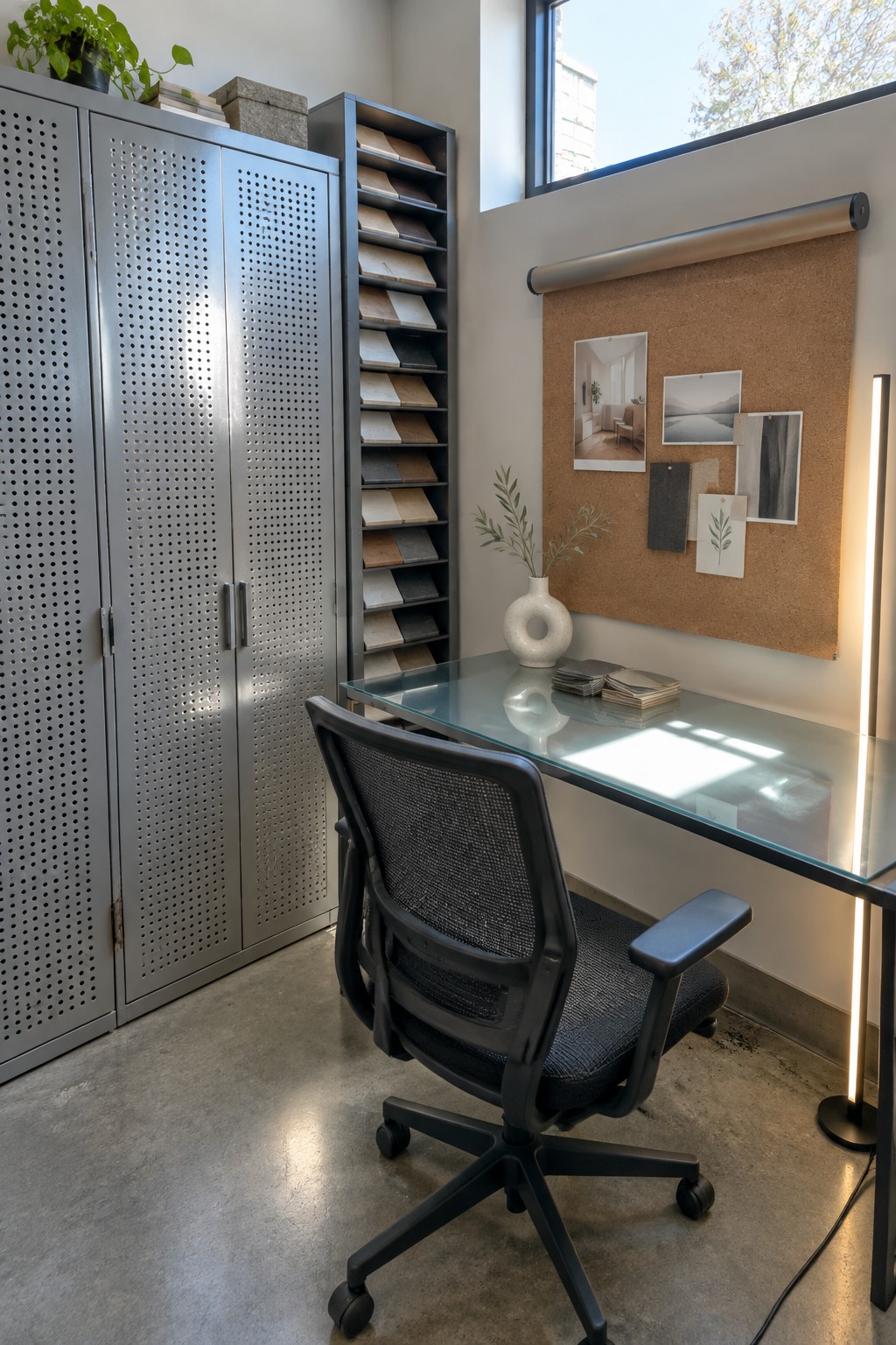 Modern office with glass desk, black chair, material samples, and corkboard.