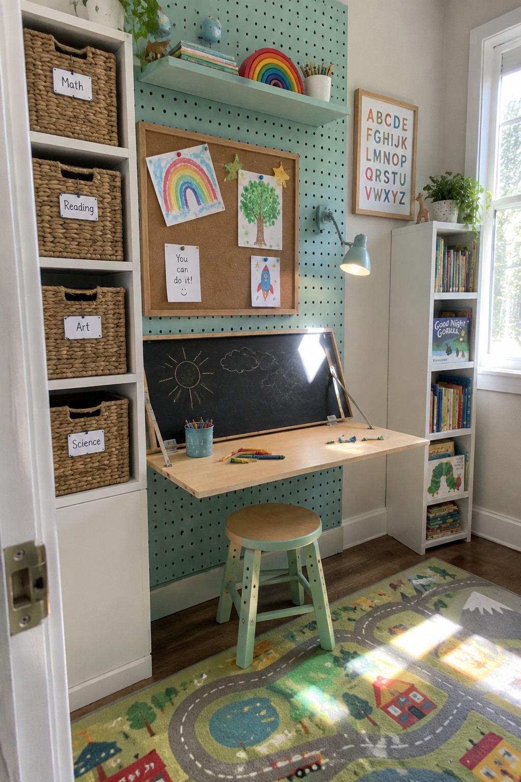 A children's study nook with a wooden fold-down desk, black chalkboard, pegboard displaying drawings, white shelving unit with woven labeled baskets, and a colorful play rug on a wood floor.