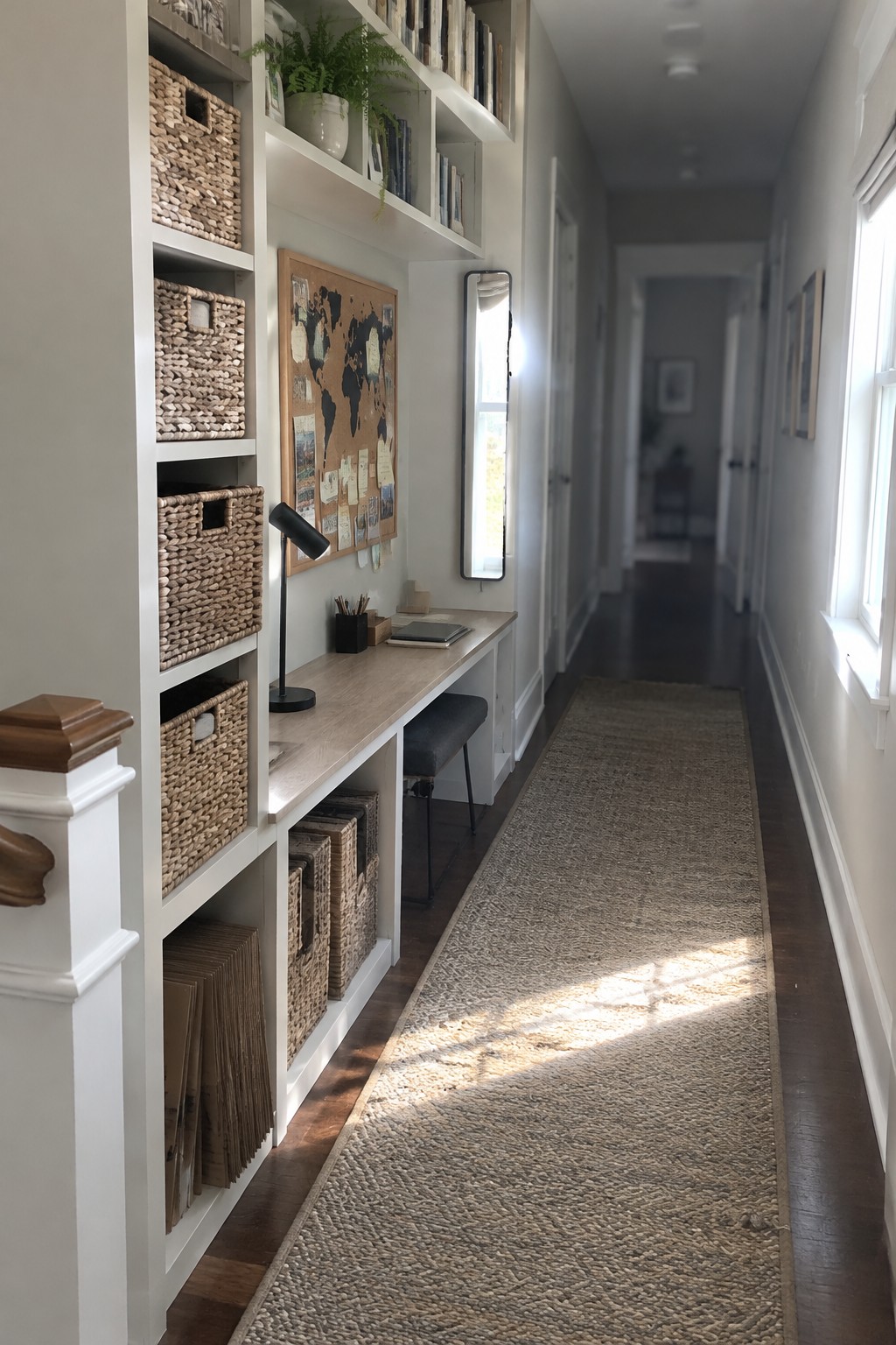 A narrow interior hallway features white built-in shelving and a wall-mounted desk with woven baskets, books, a corkboard, and a long woven runner on dark wood flooring.