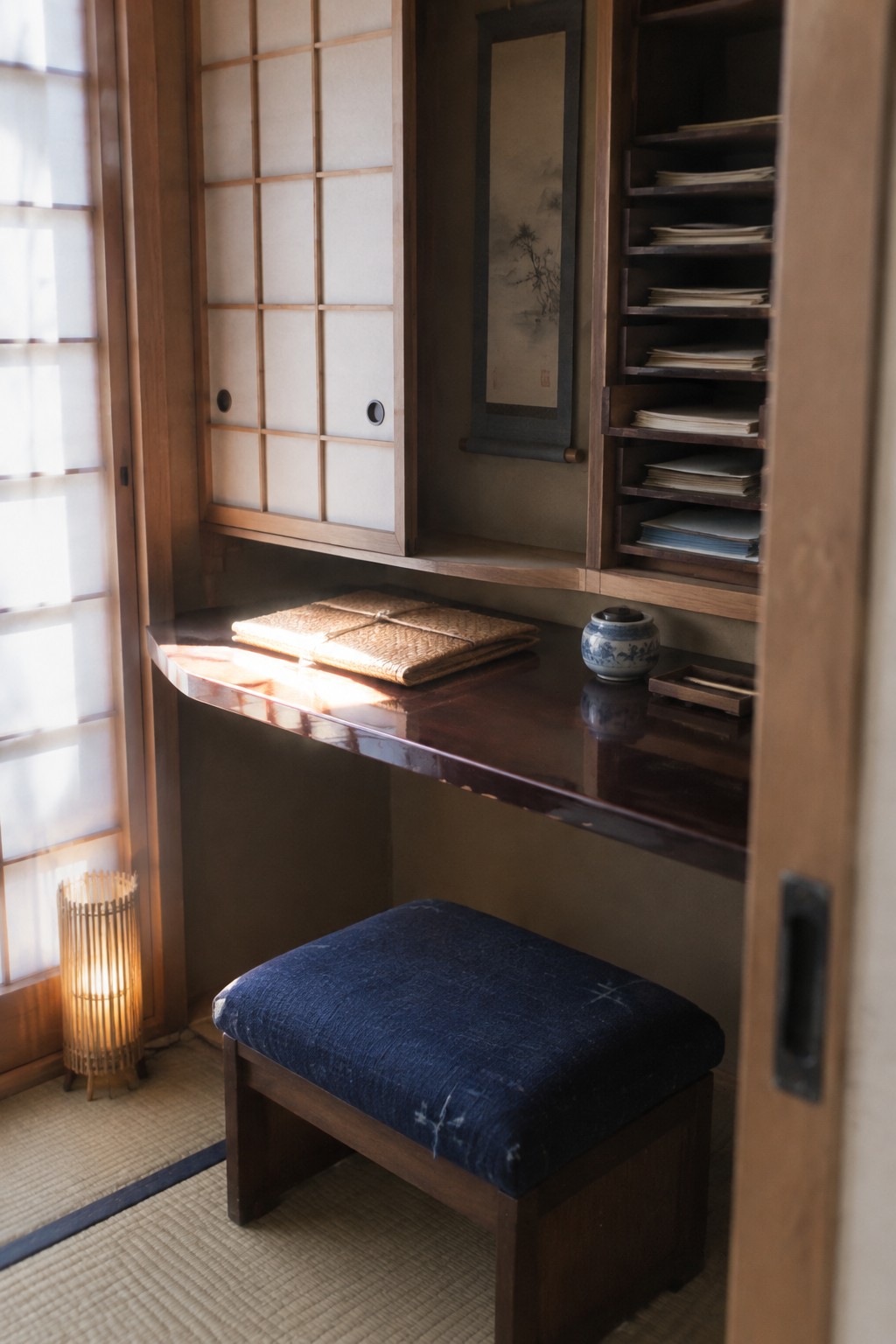 A compact wooden desk area with vertical wall shelves holding papers, a hanging scroll above, a low blue cushion stool, and a woven mat folder on the desk surface.