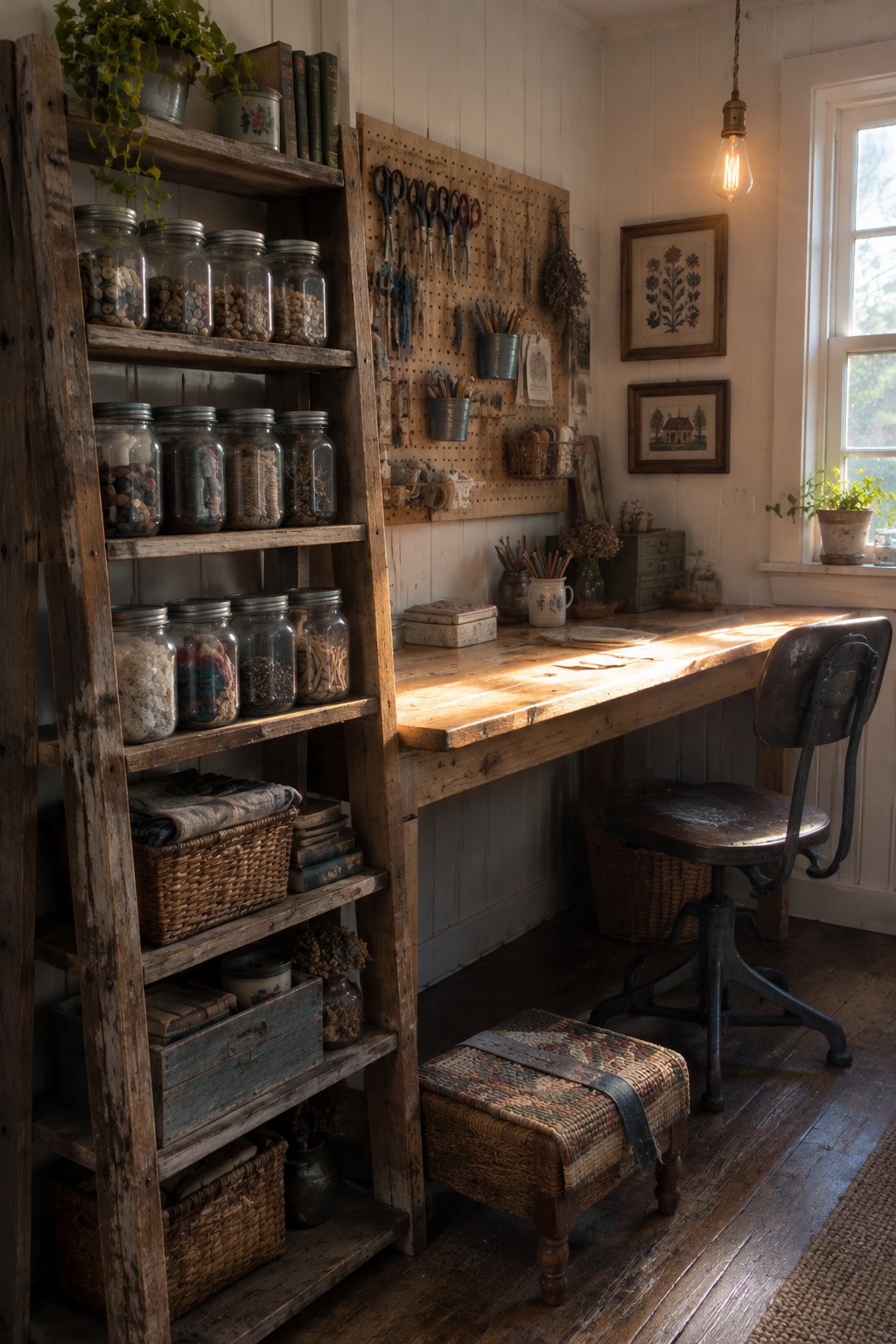 Rustic craft room with wooden desk, pegboard tools, and shelves of glass jars