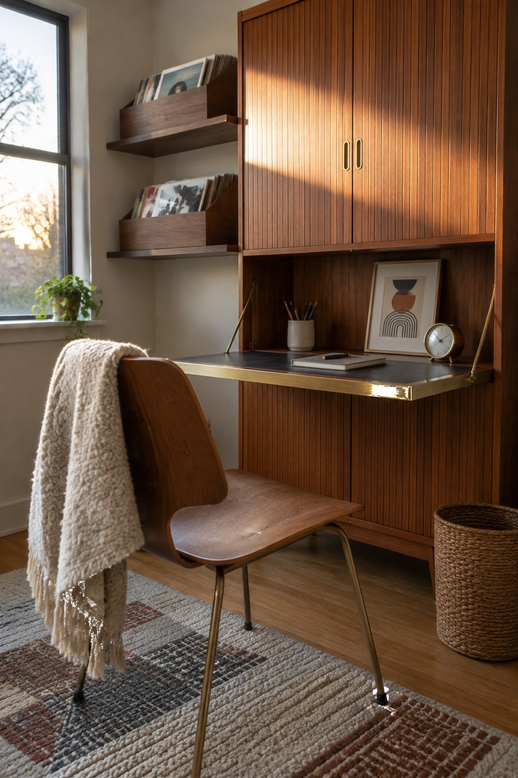 A wooden built-in desk unit with vertical cabinets, open shelves holding records, and a fold-down work surface in a room with a window and wooden chair.