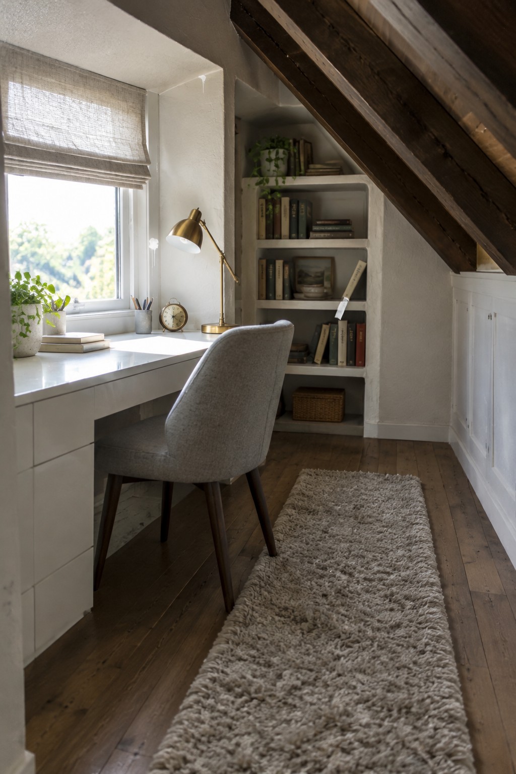 A small white desk with a gray upholstered chair sits in a narrow nook under sloped wood beams, with built-in white bookshelves holding books and a window on the left side.