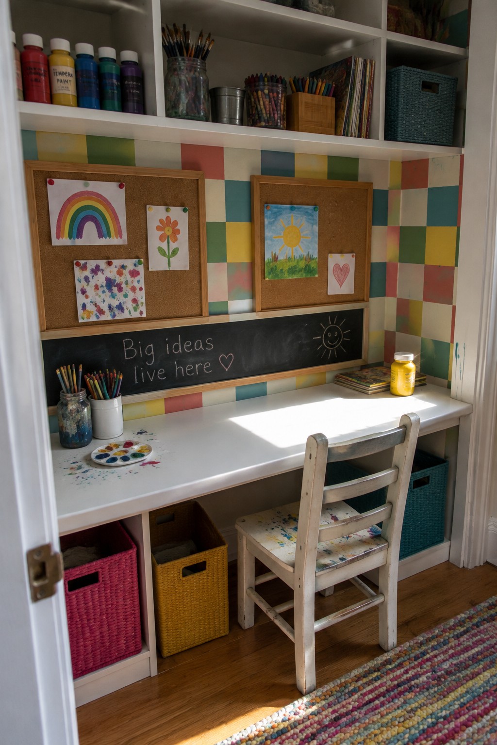 Bright children's art nook with white desk, chalkboard, corkboards, drawings, and paint supplies