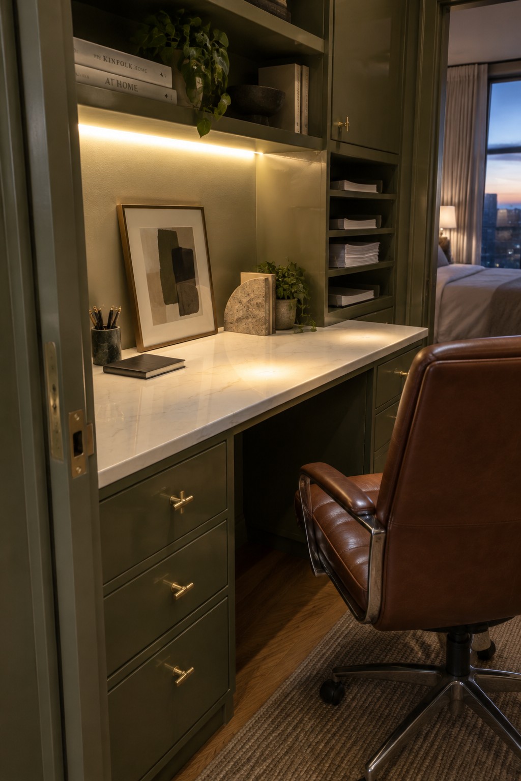 A built-in desk with white marble top inside dark green cabinetry in a bedroom closet, showing a brown leather chair, framed artwork, and open shelving.