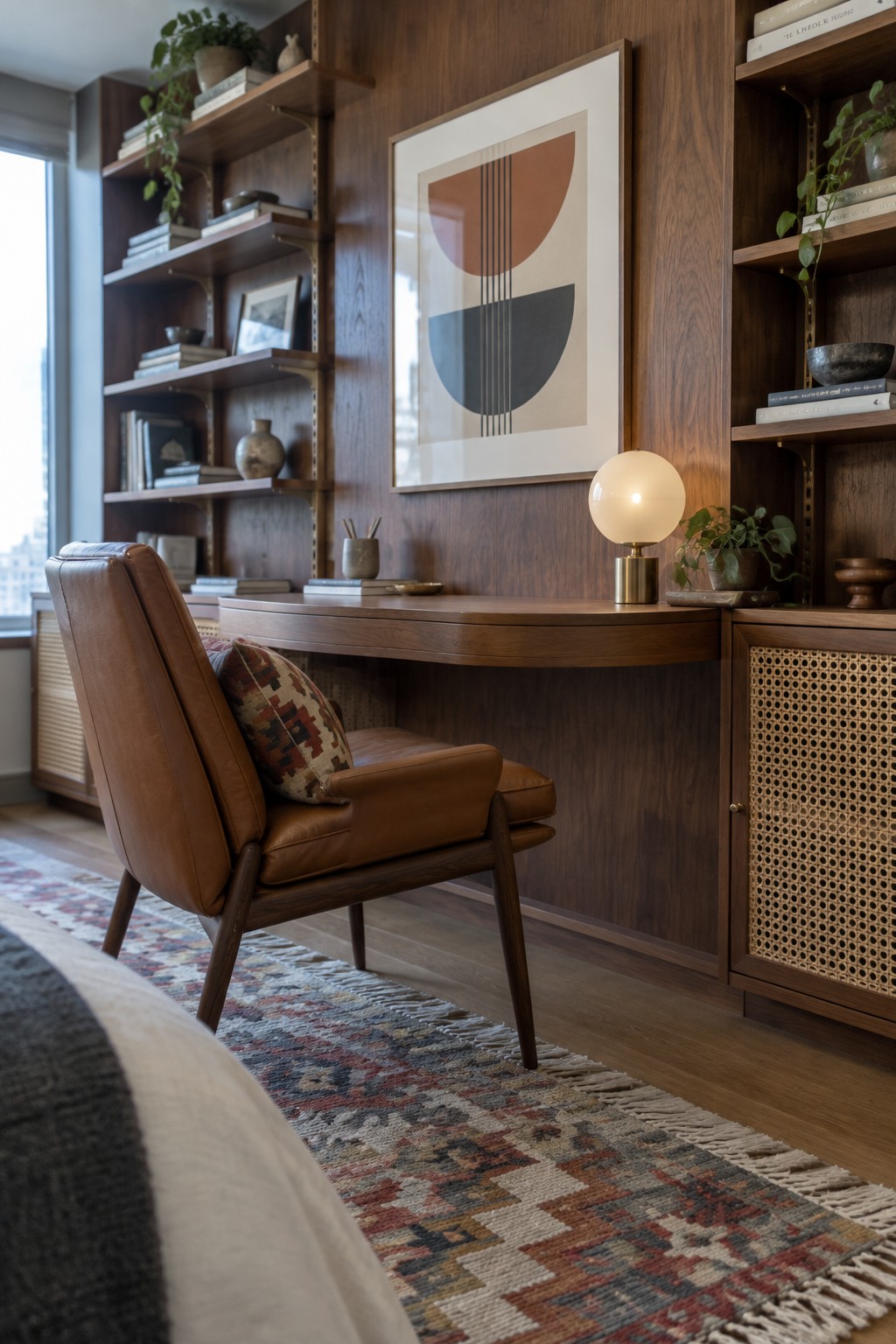Brown leather chair at curved wooden desk under abstract art with bookshelves