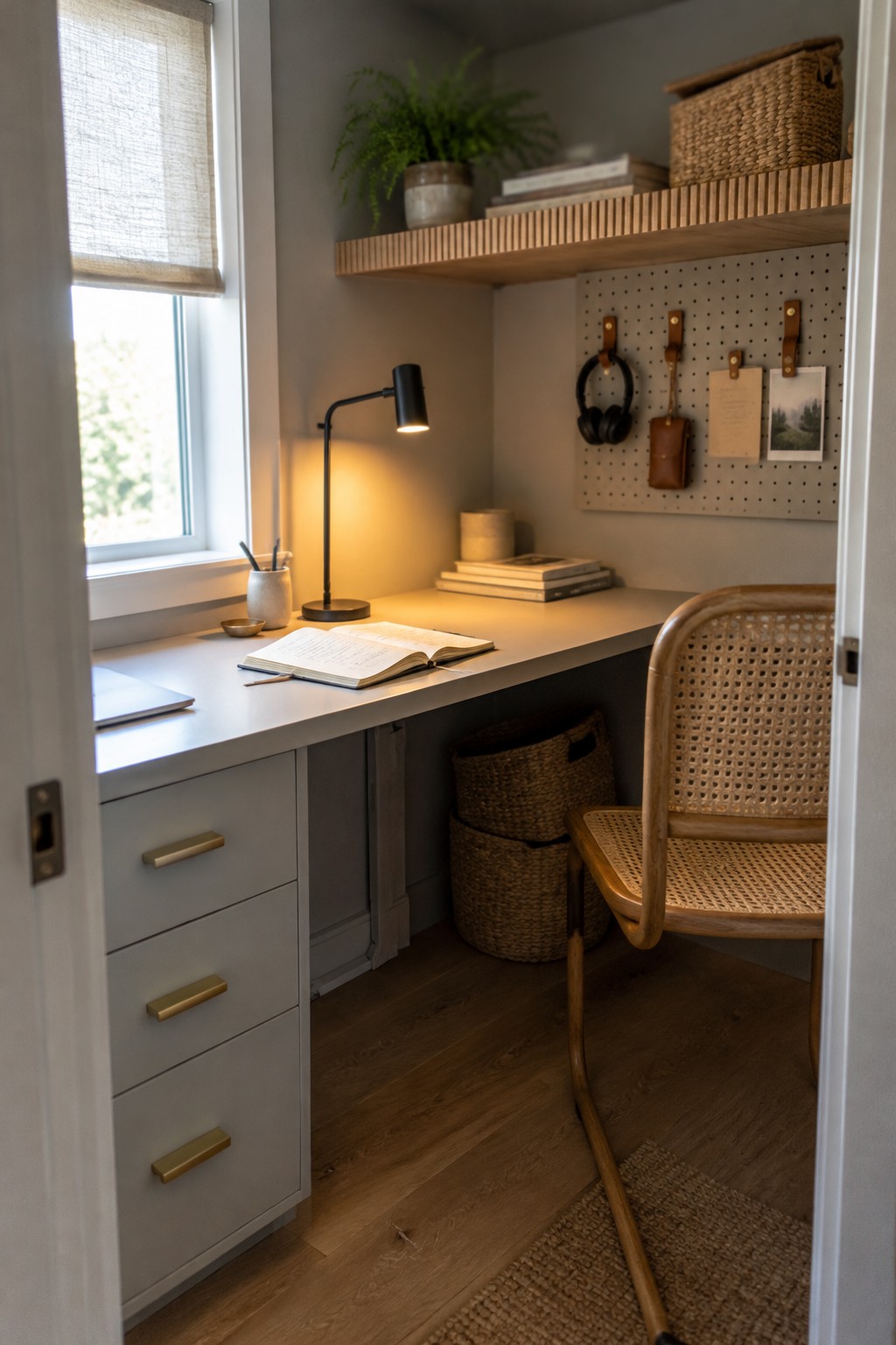 Cozy workspace with gray desk, open notebook, lit lamp, cane chair, and pegboard.