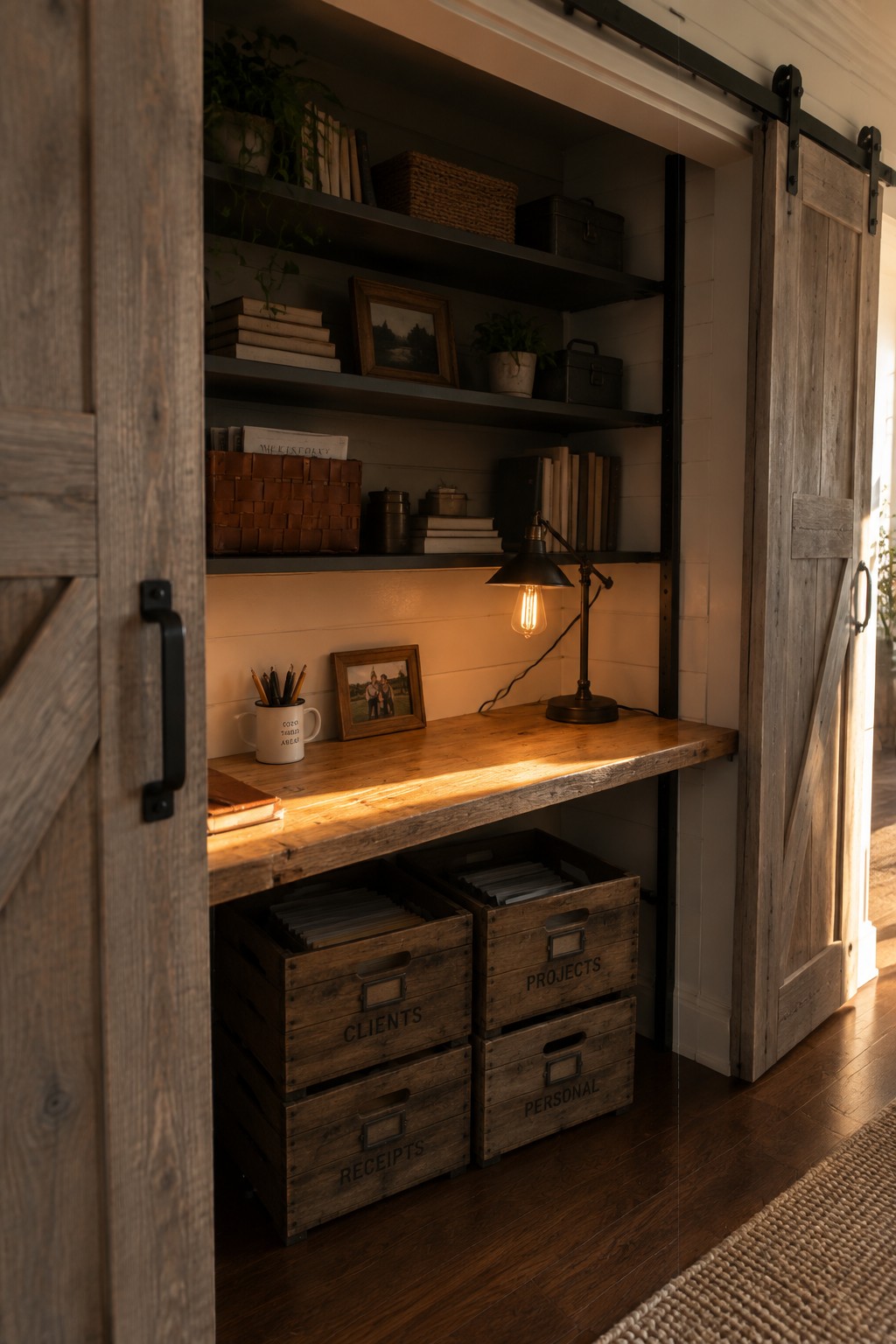 A wooden desk built into a recessed closet space with open barn doors, upper shelves holding books and plants, a lit desk lamp, and stacked wooden crates below labeled for clients, projects, receipts, and personal items.