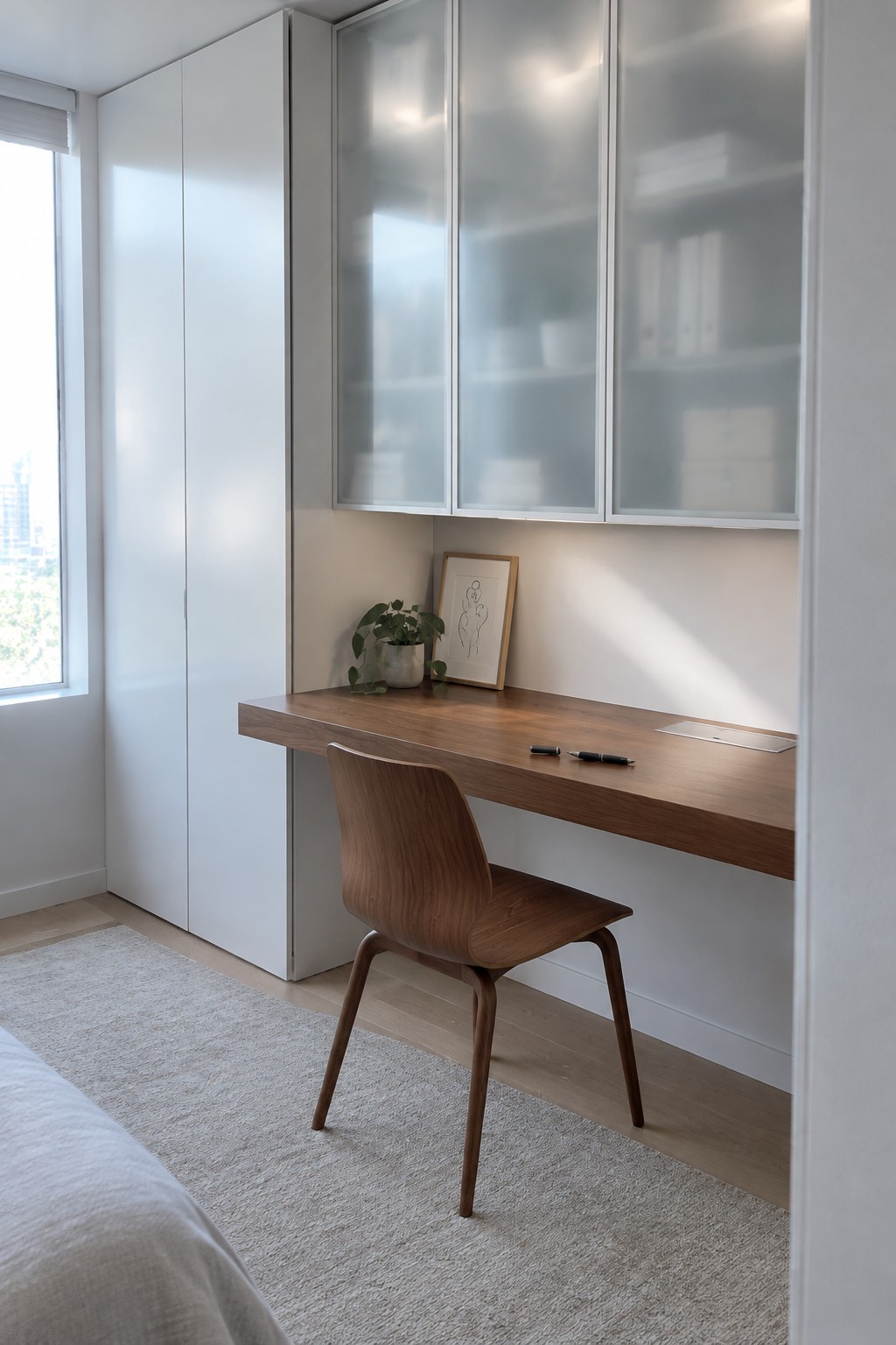 A wooden desk extends from a white closet system with frosted glass upper cabinets in a bedroom, paired with a wooden chair and a light rug.
