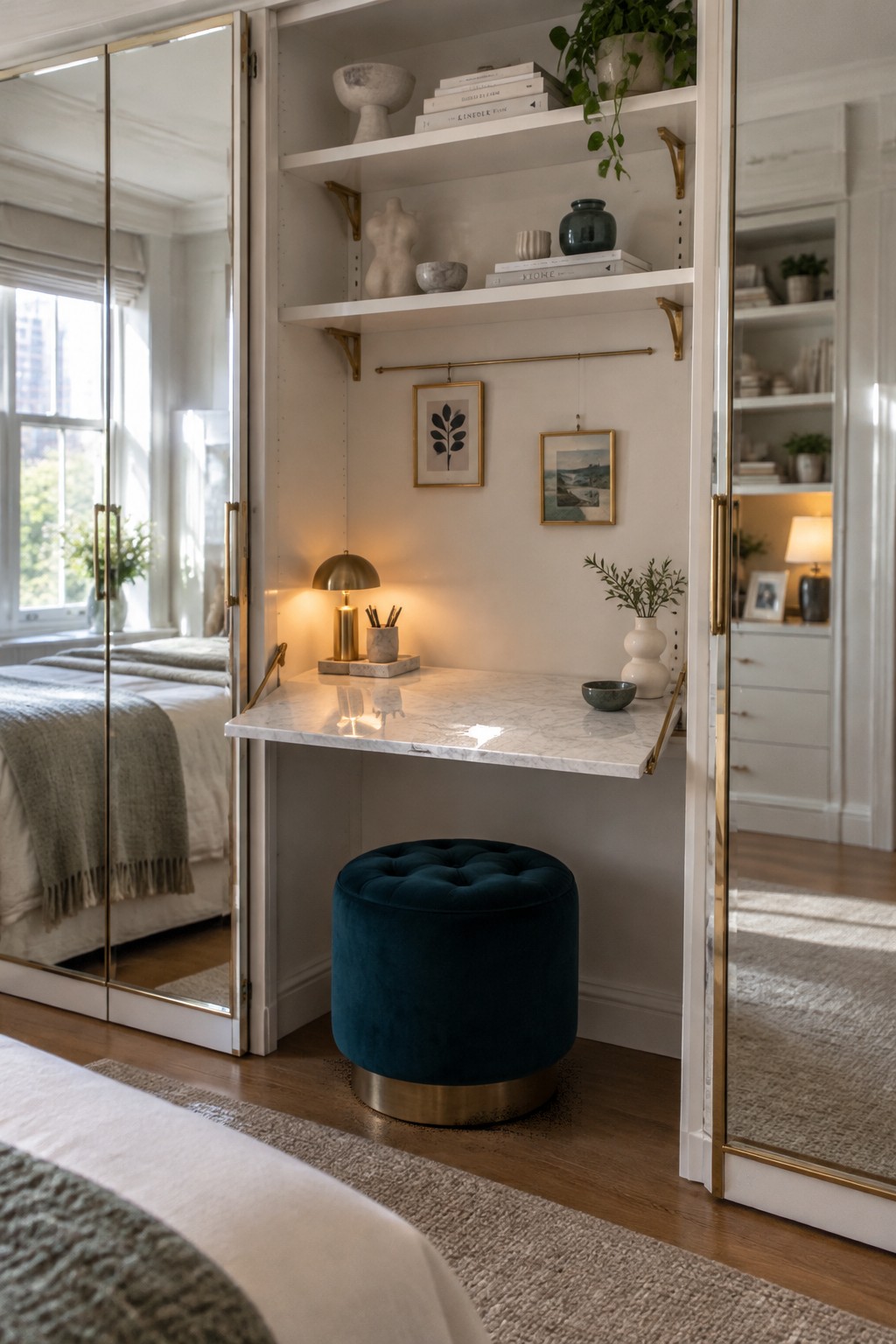 A bedroom closet with mirrored doors open to reveal a white marble fold-down desk, dark blue velvet stool, and shelves holding books and small decor items.