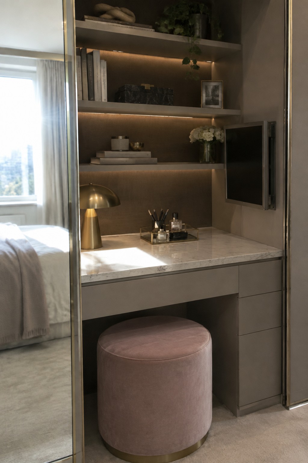 A closet interior converted into a workspace with a marble desk surface, round pink upholstered stool, built-in lit shelves holding books and decor, and a small mounted screen on the side wall.