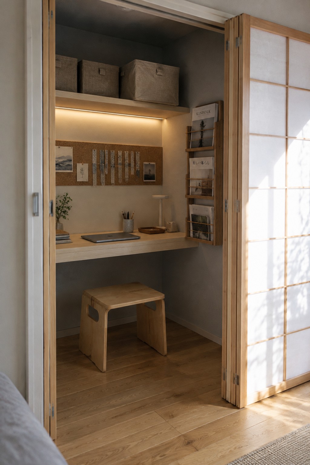 A compact wooden desk and stool inside an open closet with storage boxes above, a corkboard on the back wall, and light wood sliding doors to the right.
