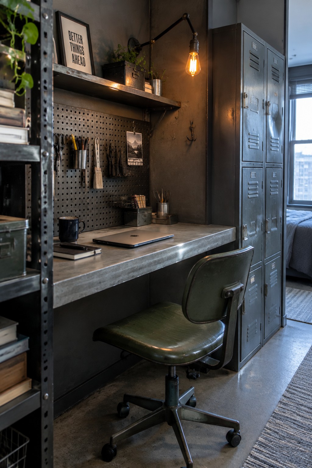 A compact industrial workspace with a metal desk, green office chair, pegboard wall, and tall gray metal lockers beside the desk.