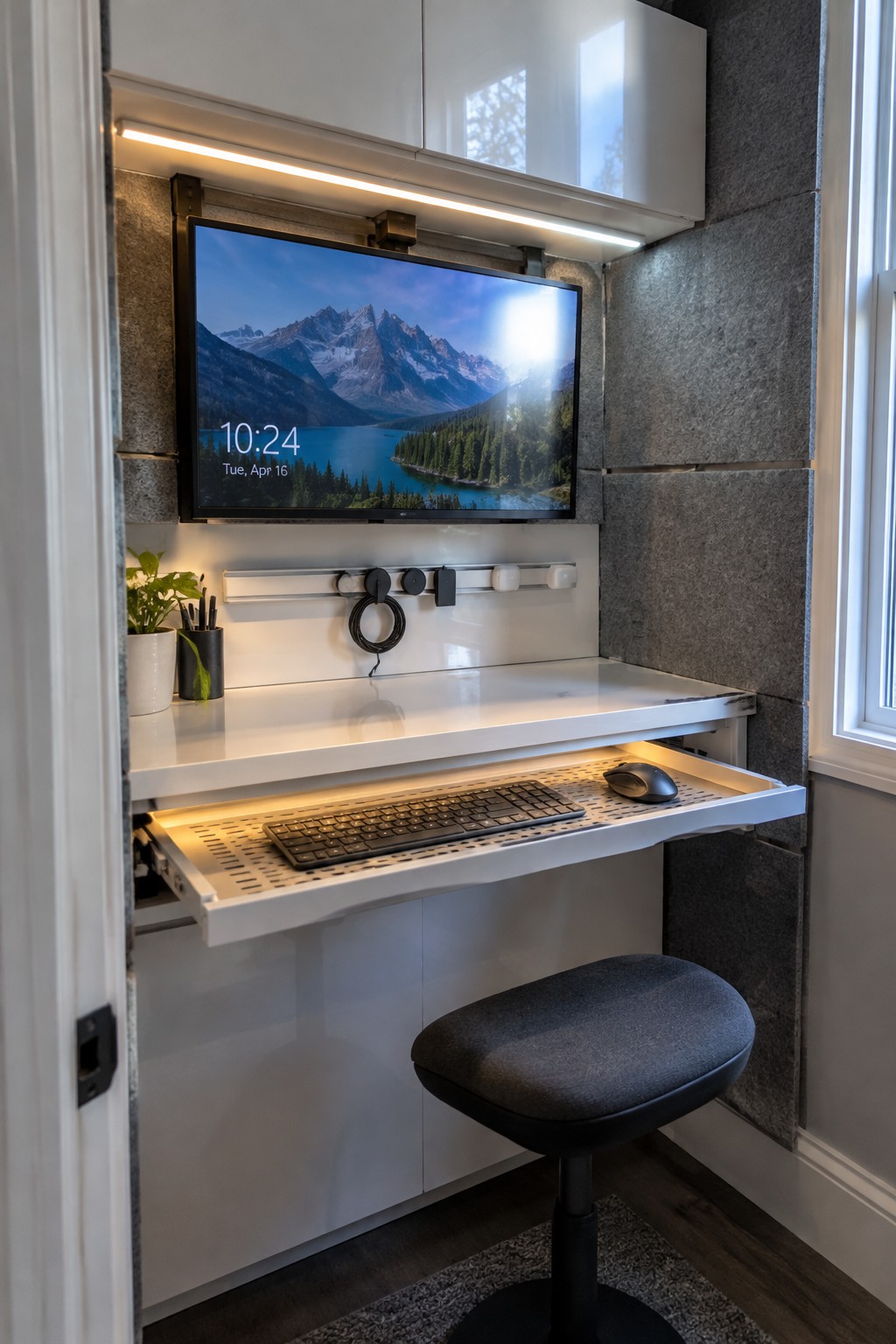 A compact closet workspace with a wall-mounted monitor above a white pull-out tray holding a keyboard and mouse, and a gray stool in front.