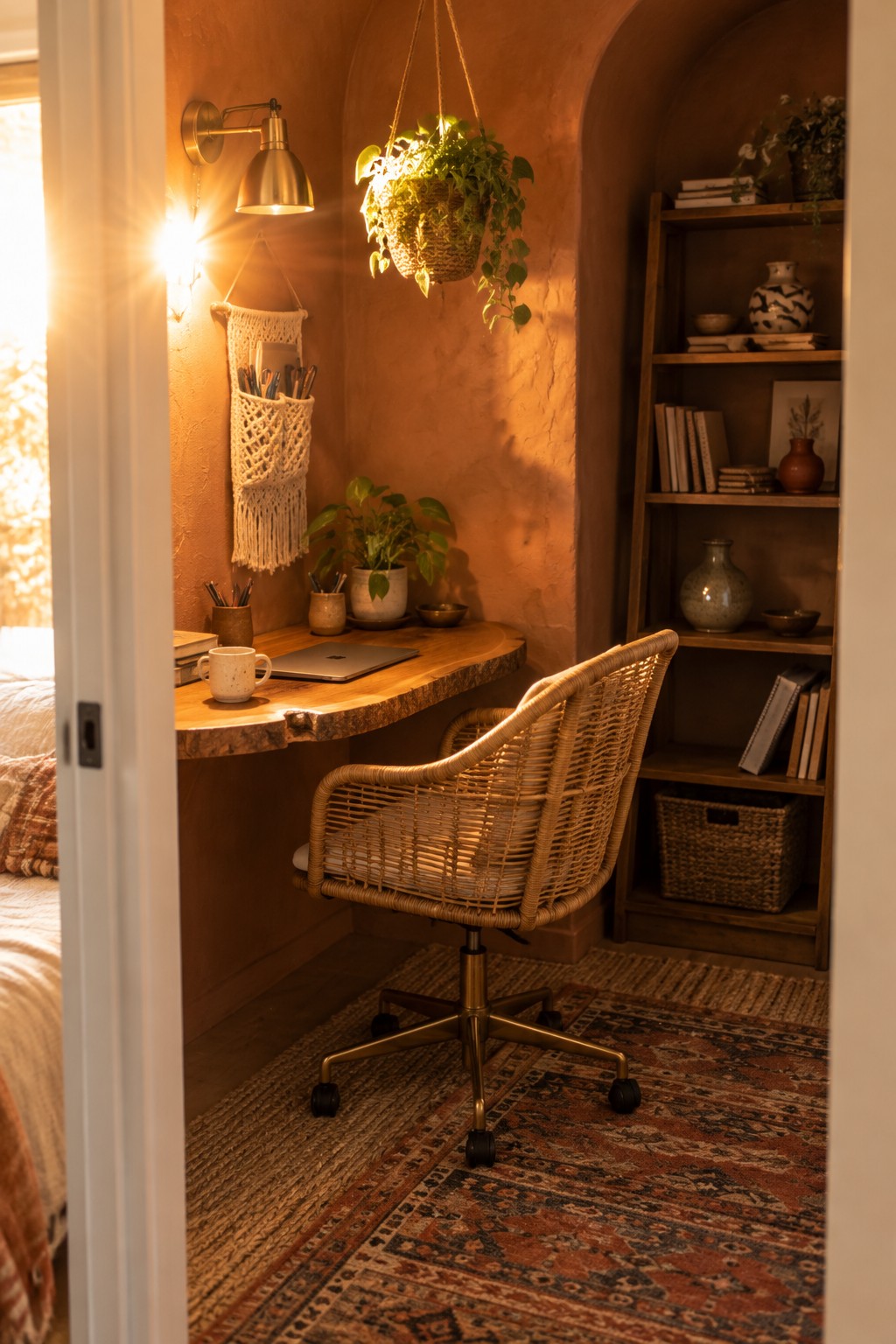Rattan chair at live-edge desk in sunlit terracotta nook with hanging plants and books