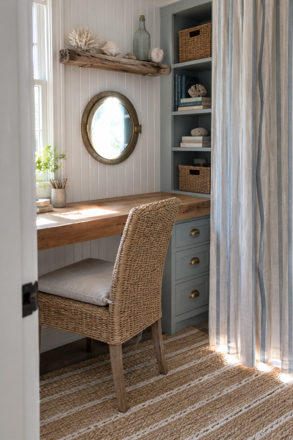 A wooden desk and woven chair tucked into a closet alcove with built-in blue shelves holding books and baskets.