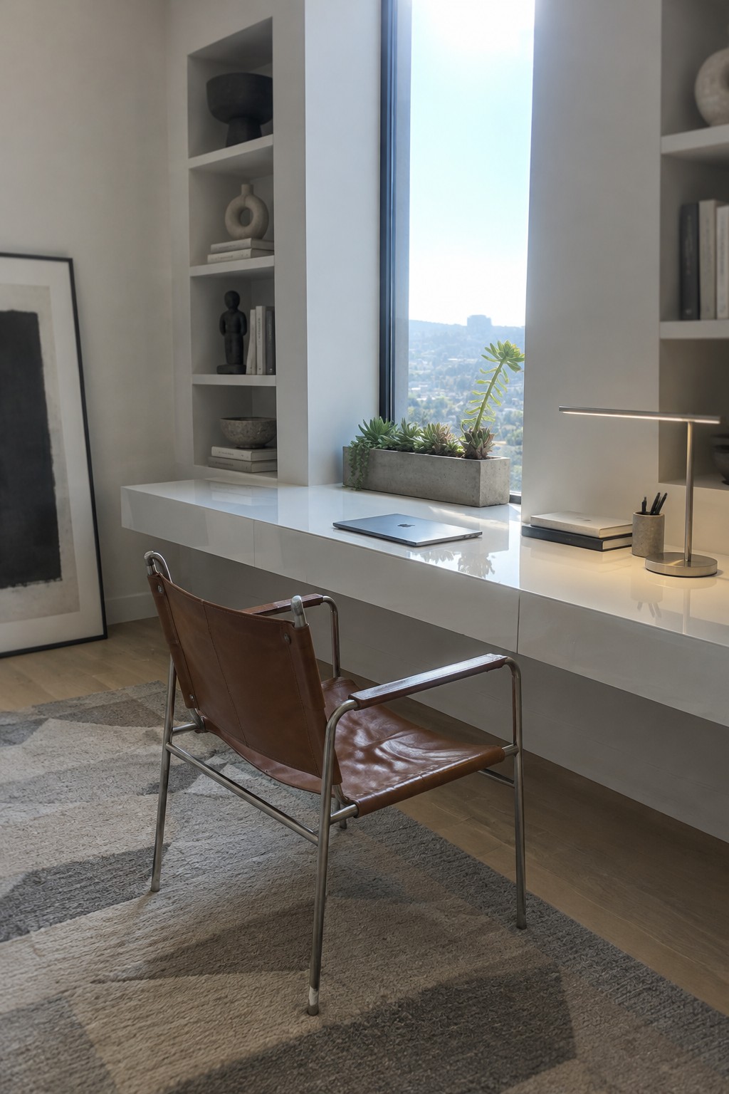 Modern white floating desk with brown leather chair, laptop, lamp, and city view window.